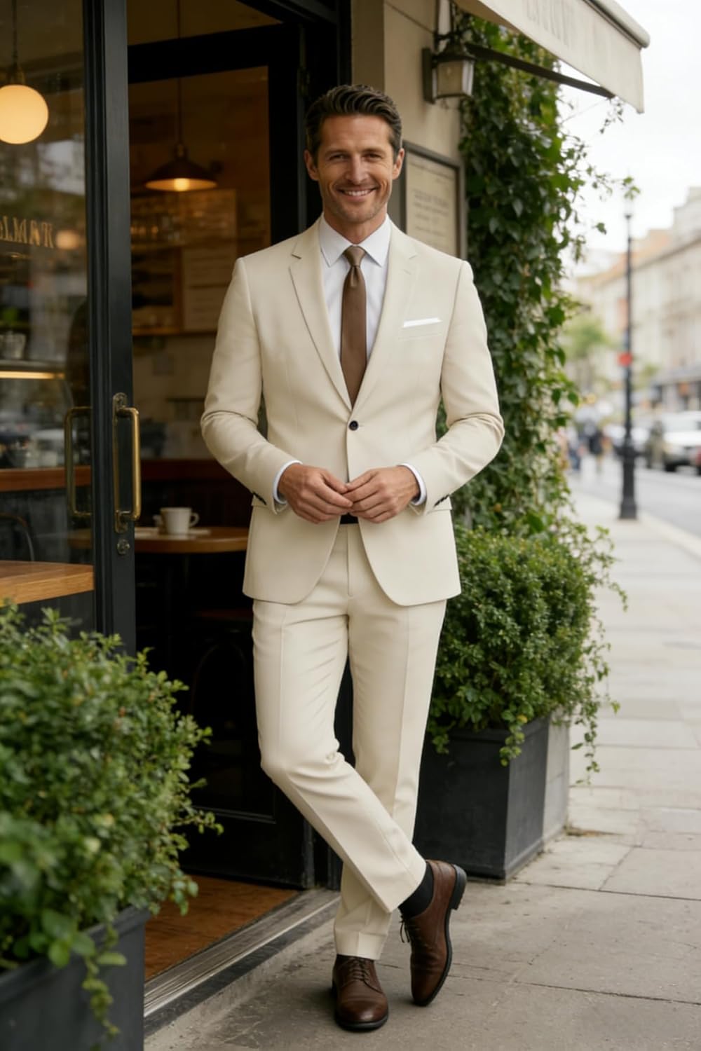 Mens Slim Fit 2 Piece Suit 1 Button Soild Jacket Pants Set Wedding Prom Dress Suit - Image 2