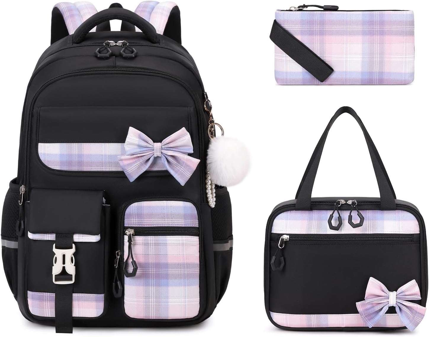 Girls Backpack, Kids Backpack for Girls School Bags with Lunch Bag & Pen Case, Bow Plaid Book Bag for Elementary Middle Primary High School College,Black-3pcs