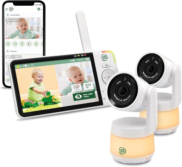 LeapFrog LF925-2HD 1080p WiFi Remote Access 360 Degree Pan & Tilt 2 Camera Video Baby Monitor with 5” High Definition 720p Display, Night Light, Color Night Vision (White) One Size