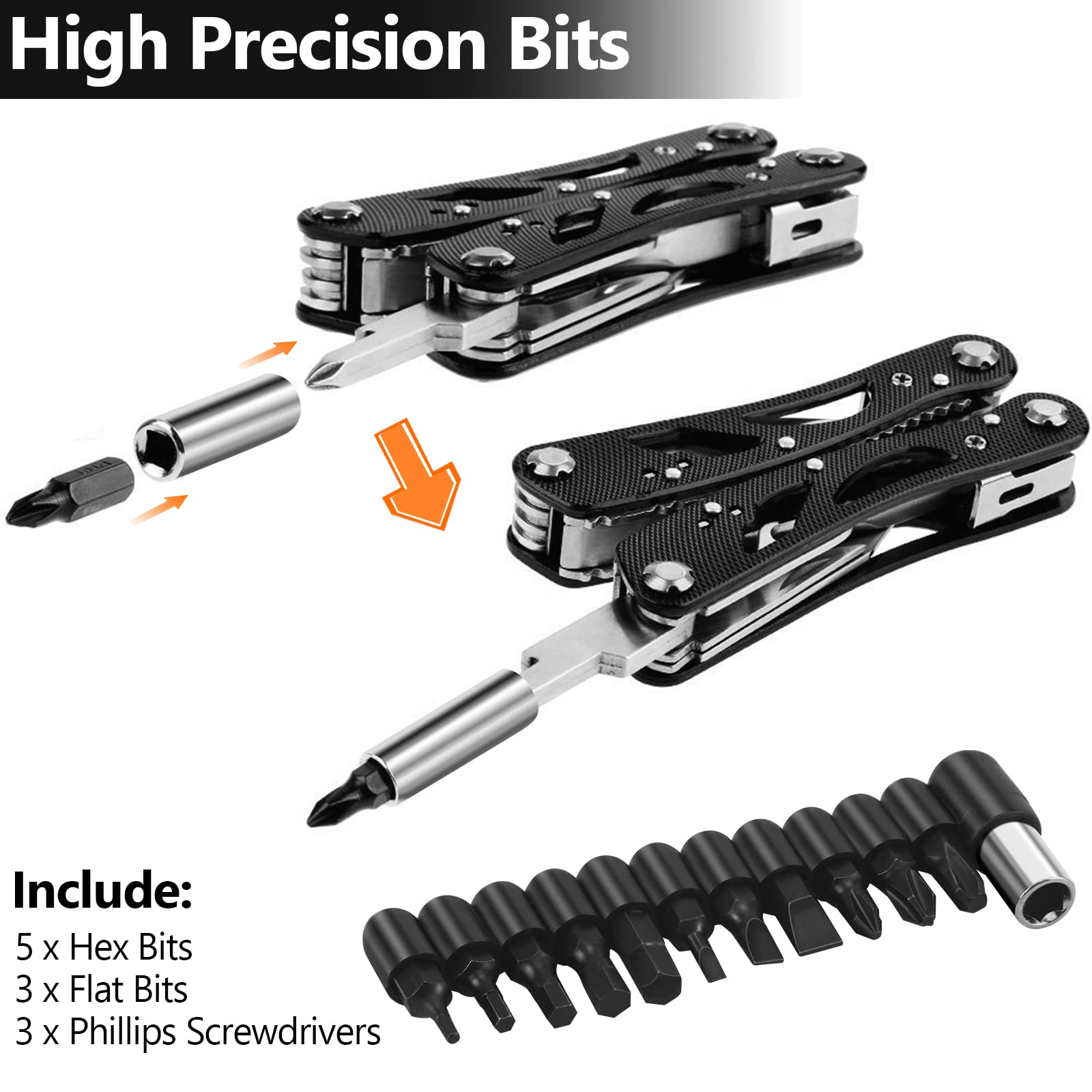 Poeland Multitool Zangen Set Edelstahl Schraubendreher Werkzeug mit 11 Schraubendreher-Bits Schwarz 10 Pack