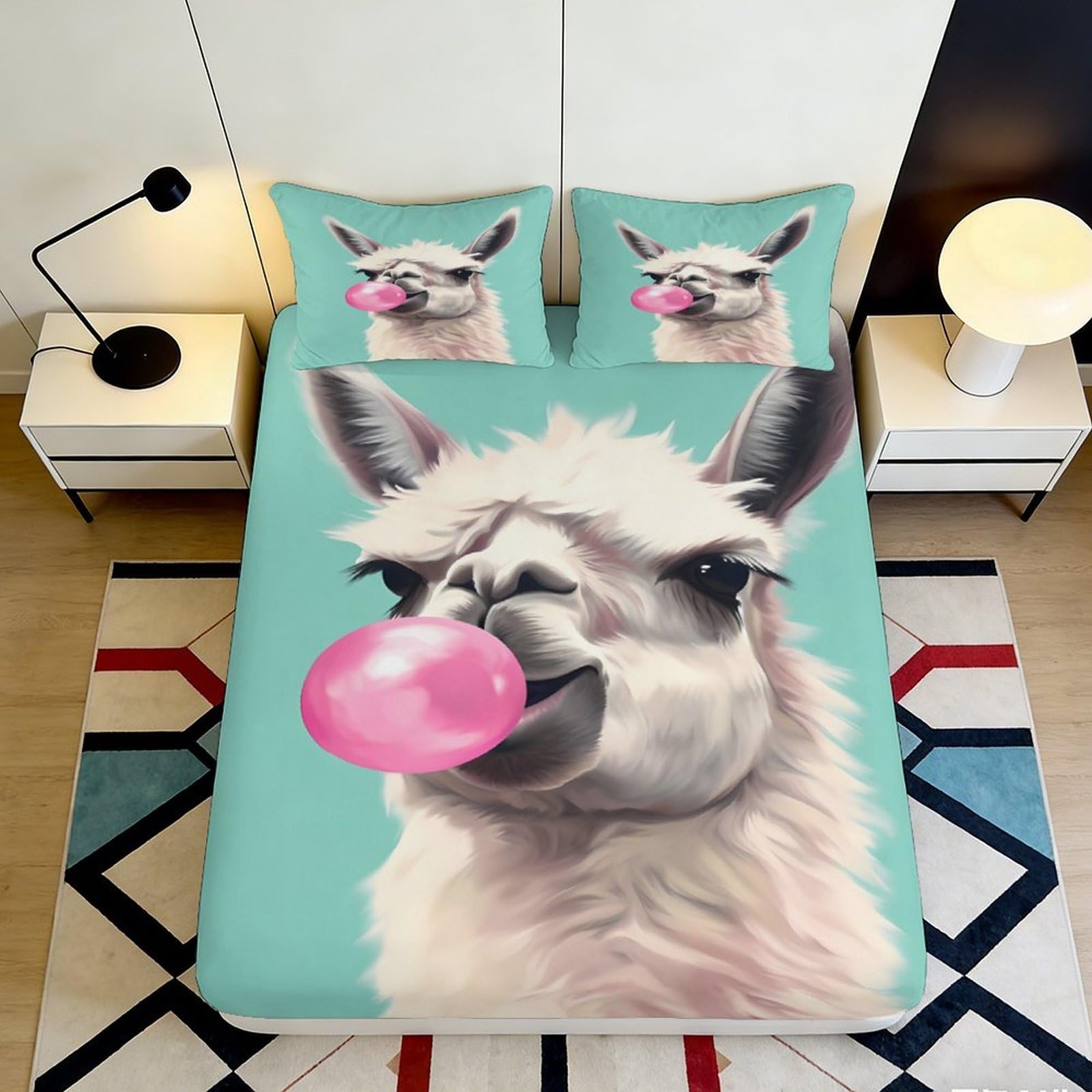 3D Printed Llama Bubblegum Fitted Sheet Microfiber Soft Breathable Alpaca Design Bed Cover for Bedroom Dormitory Guest Room Mattress Protection 140x200x25cm