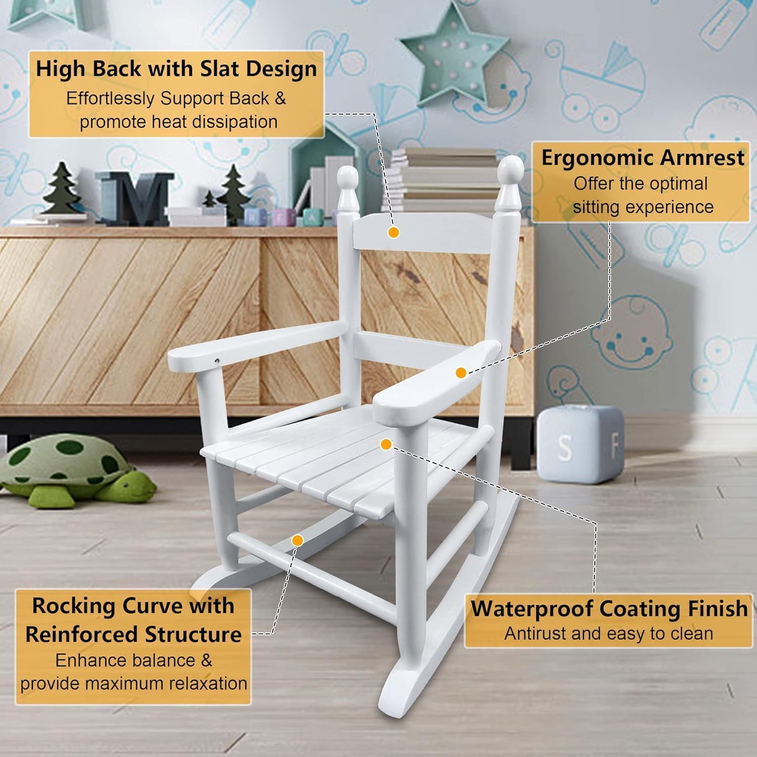 Kids Rocking Chair, Outdoor Kids' Rocking Chairs, Childs Toddler Childrens Porch Rocker Chair, Classic Wooden Rocker for Living Room, Bedroom, Balconies, Porches, Children's Rooms, White