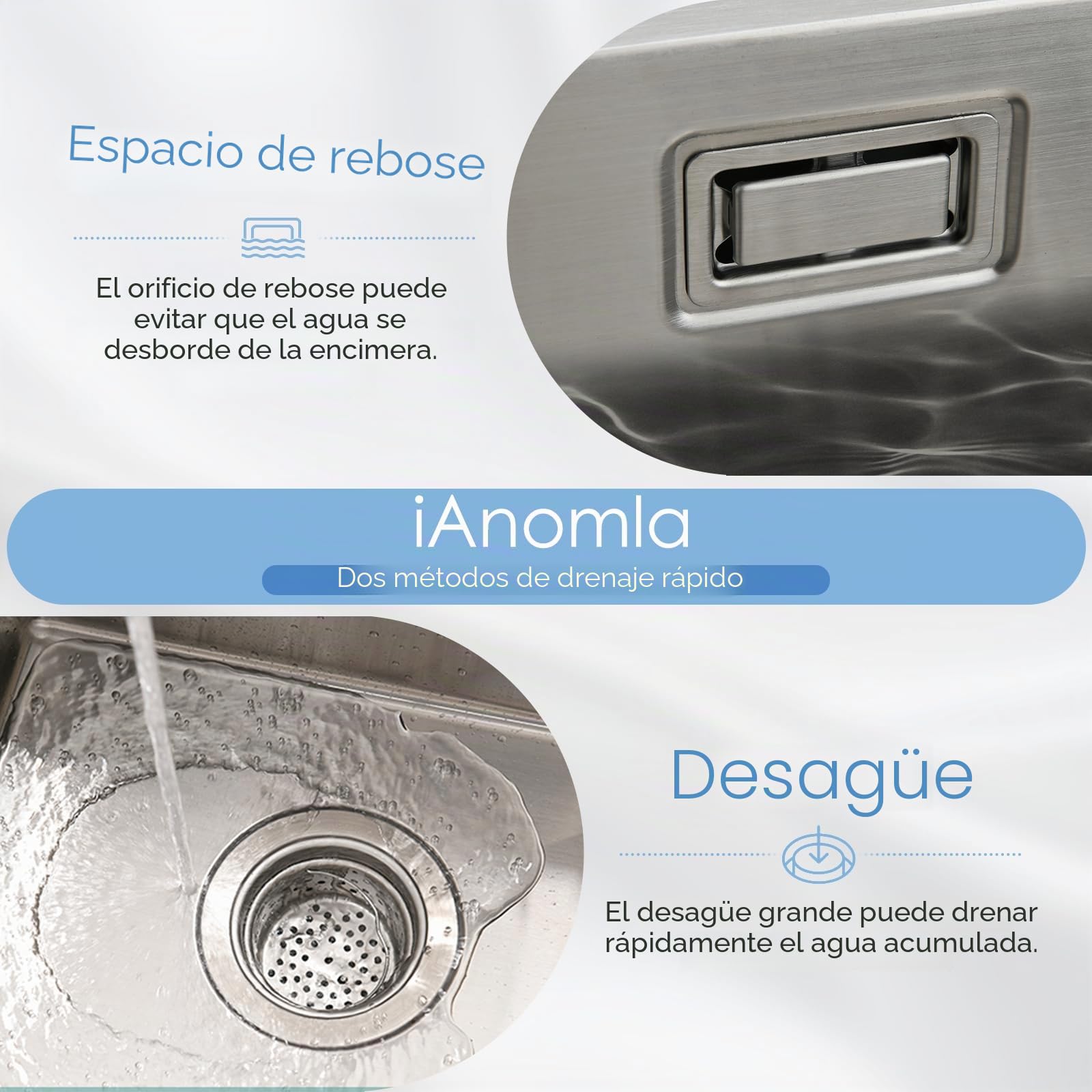 Fregadero Cocina 1 Seno, Fregadero Acero Inoxidable Cepillada 35 x 50 cm con Desbordamiento,Sifón, Dispensador de Jabón, Fregadero Pequeño con 2 Orificios para Grifo, Sobre Encimera o Enrasado