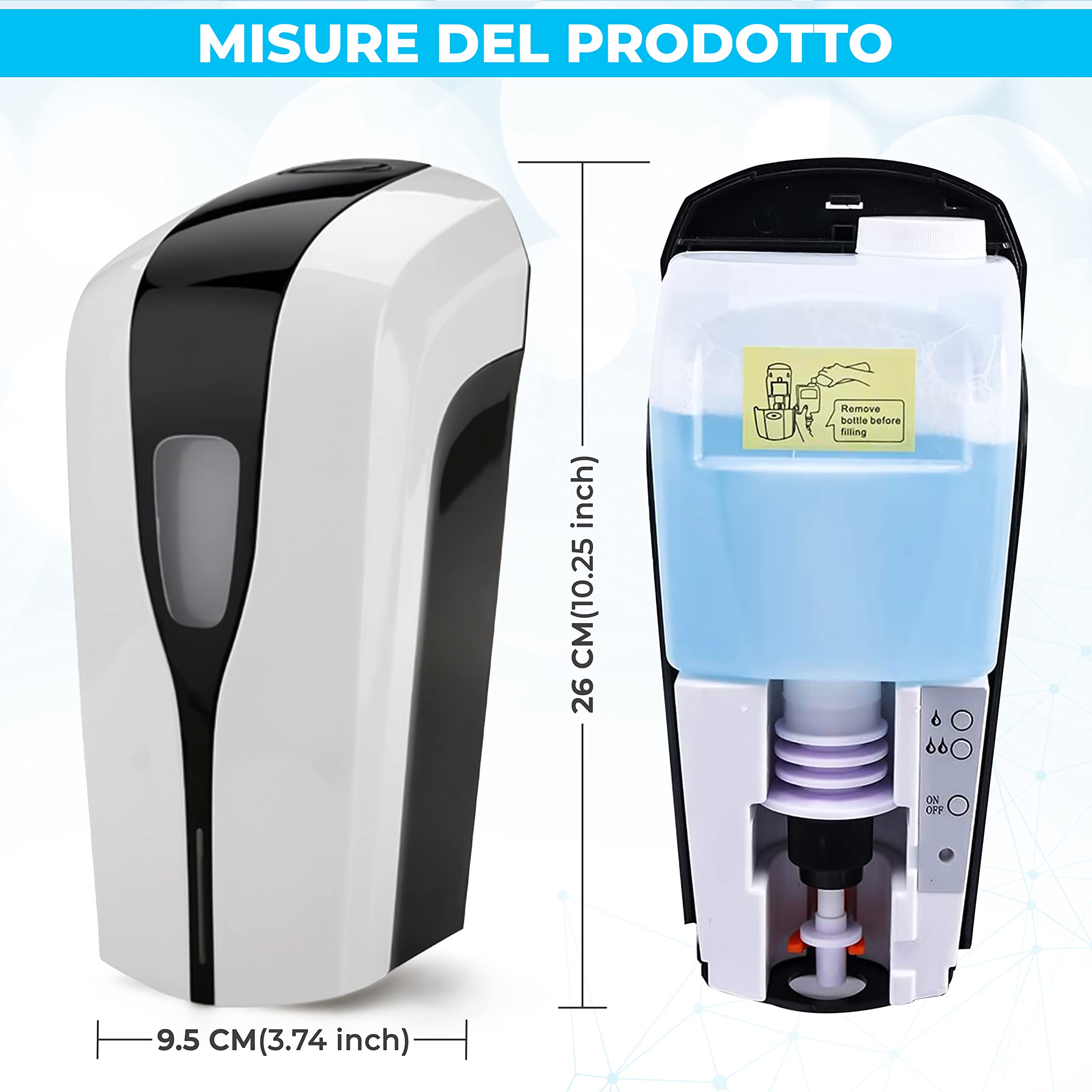 Dispenser di disinfettante automatico con sensore. Dispenser di disinfettante senza contatto con un contenitore di ricarica da 1000 ml.