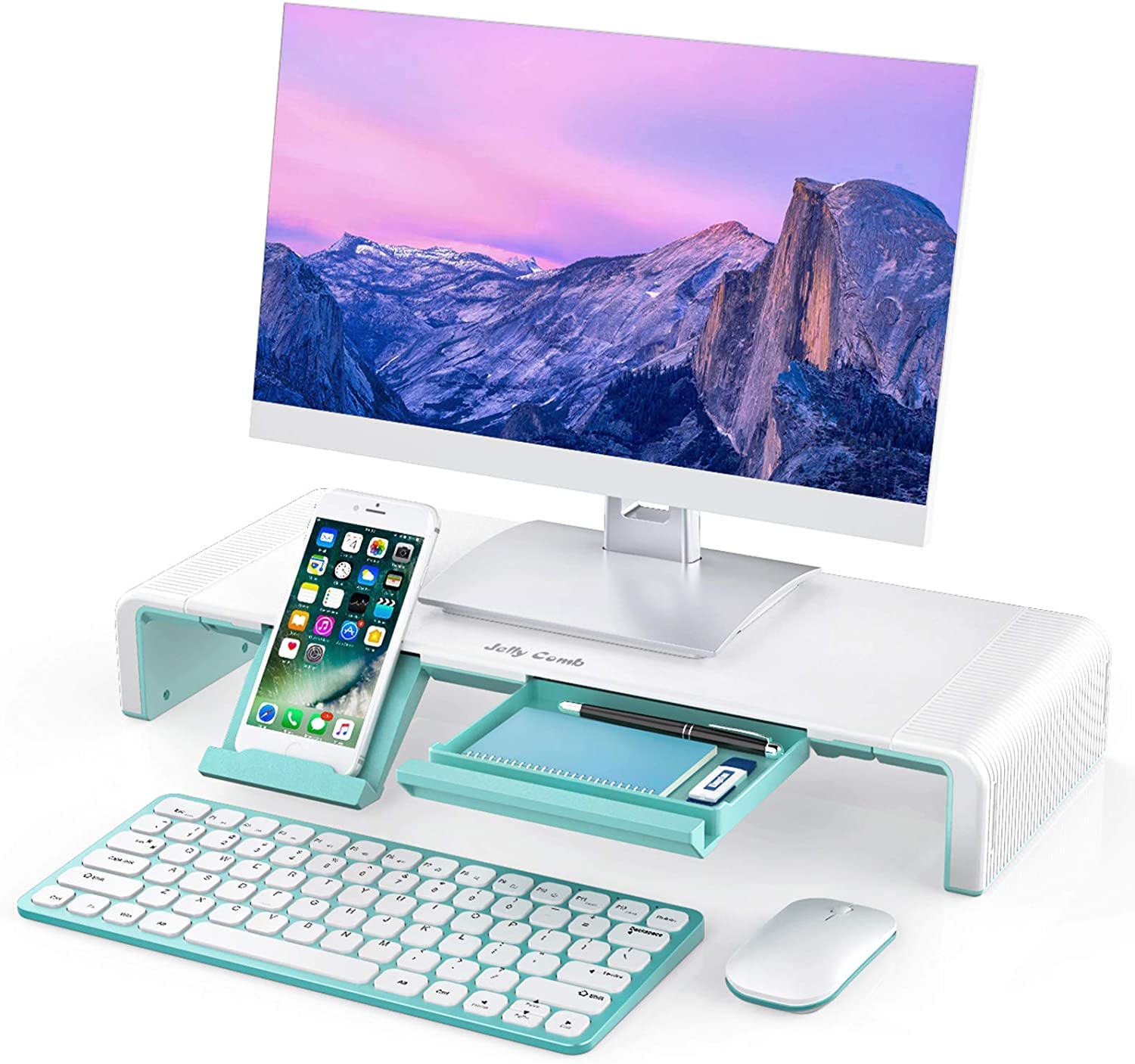 Computer Monitor Stand, Foldable Monitor Stand Riser, Computer Stand with Storage Drawer & Phone Stand for Computer, Desktop, Laptop, Save Space (White and Mint Green)