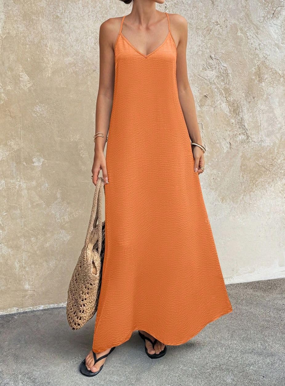 Abiti Lungo Donna Senza Schienale Scollo all'Americana Decorato Perline Stile Boho Svolazzante Estivo Spiaggia Spalline A T Casual Ampio Senza Maniche Vacanze.
