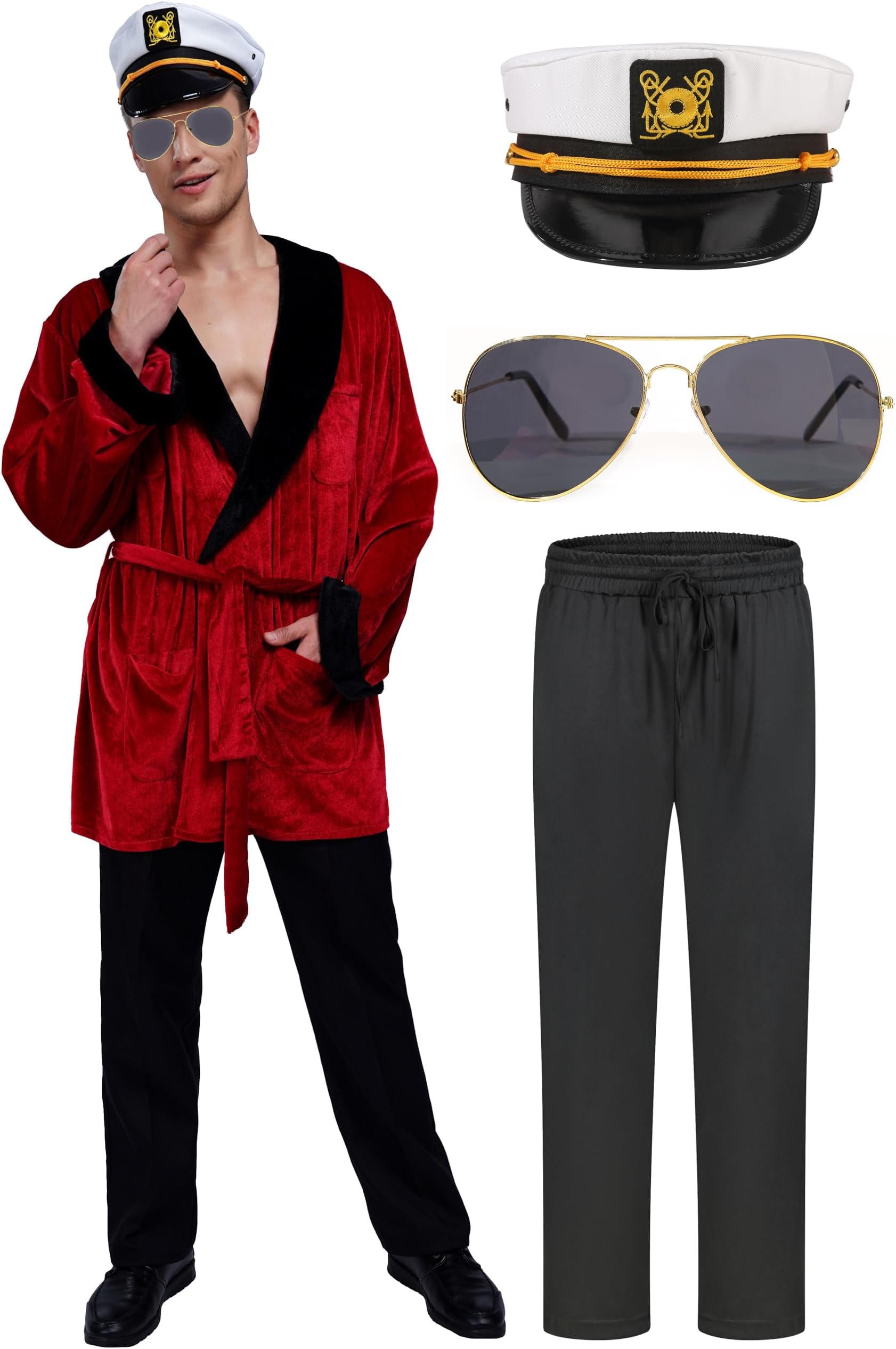 Men's Velvet Socialite Robe Jacket With Belt, Sunglasses, Pants and Captain Hat Costume for Halloween