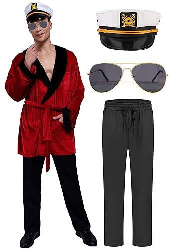 Maxim Party Supplies Men's Velvet Socialite Robe Jacket With Belt, Sunglasses, Pants and Captain Hat Costume for Halloween