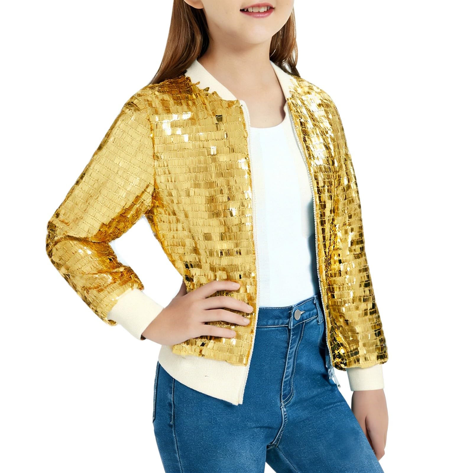 Chaquetas de lentejuelas para niñas, elegante chaqueta bomber de manga larga brillante, chaqueta de béisbol brillante con cremallera, abrigo festivo con purpurina para exteriores