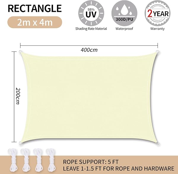 RICHIE Sun Shade Sail Rectangle 2m x 4m Waterproof, 98% UV Block Awnings for Patios with Free Rope, Sunscreen Awning Canopy, Rectangular Garden Shelter for Outdoor Garden Patio Yard Lawn Party, Beige - 3