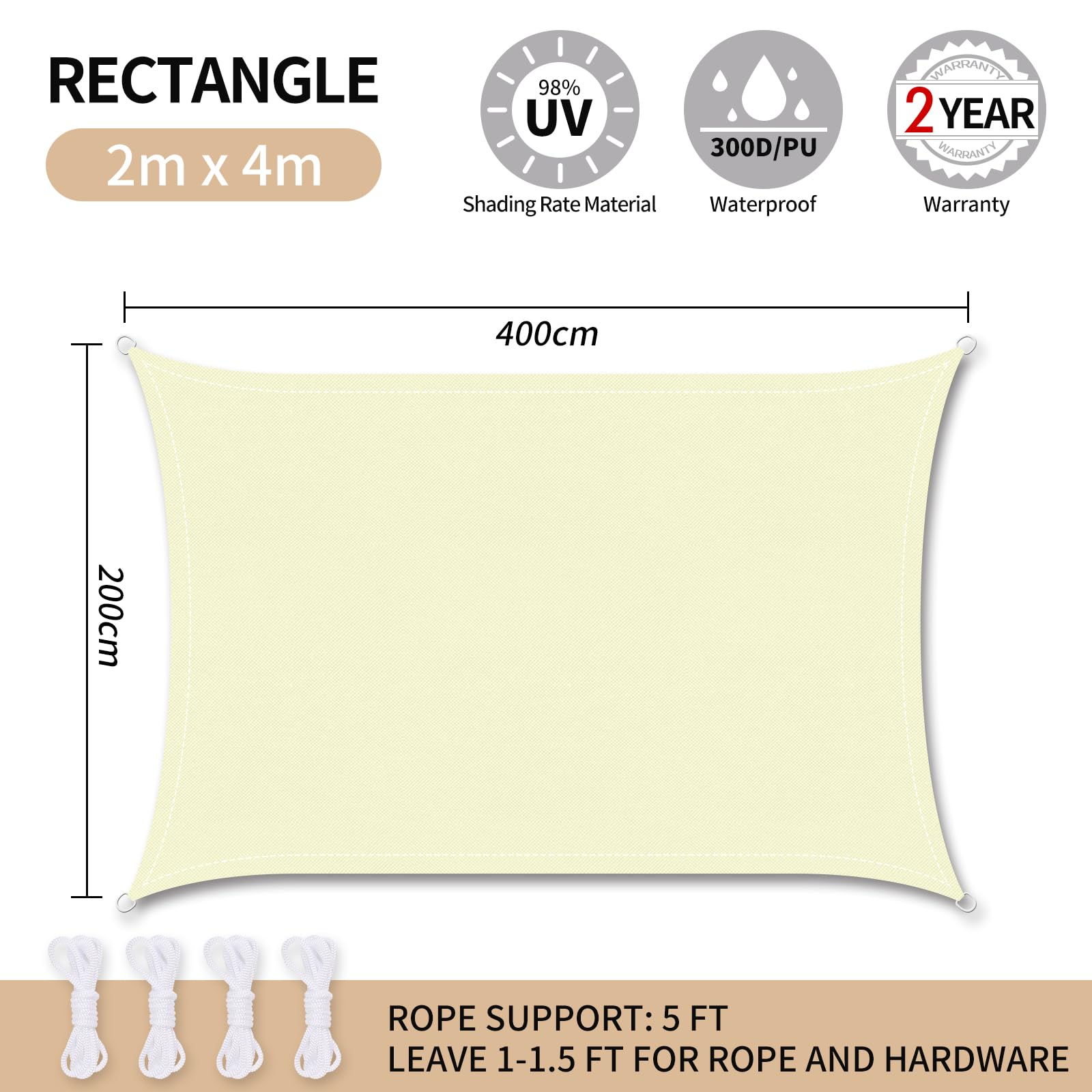 RICHIE Sun Shade Sail Rectangle 2m x 4m Waterproof, 98% UV Block Awnings for Patios with Free Rope Sunscreen Awning Canopy - Image 3