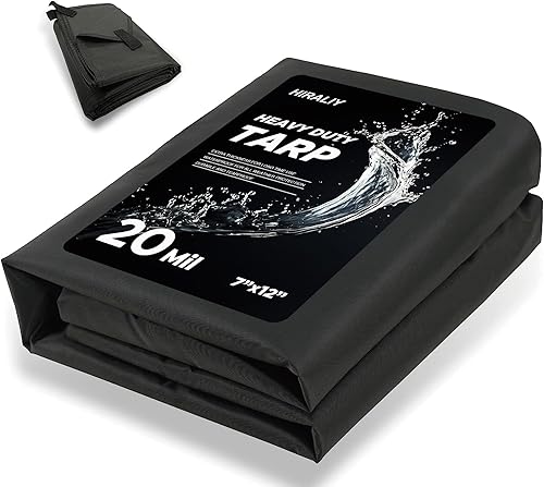 HIRALIY Lona resistente, cubierta de lona negra impermeable de 7 x 12 pies con cintas reforzadas, lona de lona grande multiusos de 15 mil de grosor