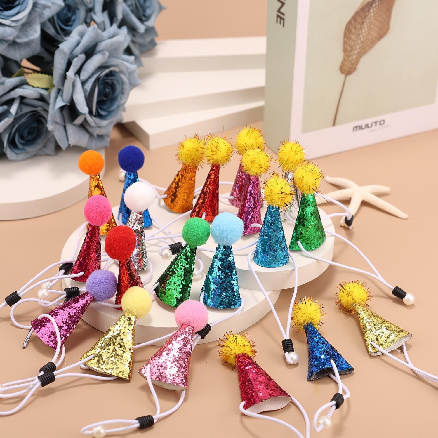 20pcs Mini Party Hats for Stuffed Animals, Toys Doll Dinosaur Dogs Cats Small Party Hats Tiny Glitter Cone Headwear with Pom Poms for Birthday Cake Toppers Accessories (Colorful)