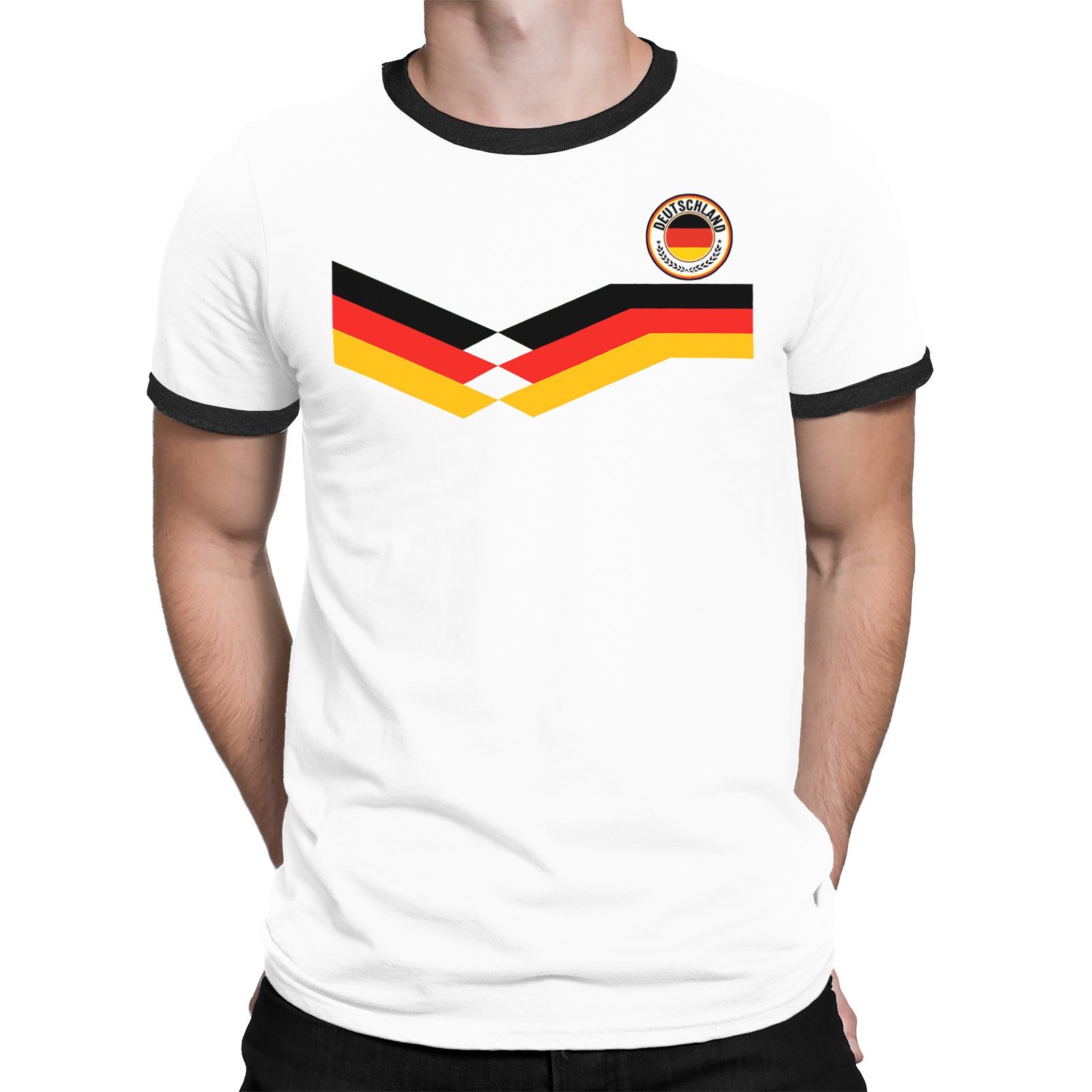 Mens Germany 2021 Football T-Shirt Retro Strip Design with Country Badge German Euro Team