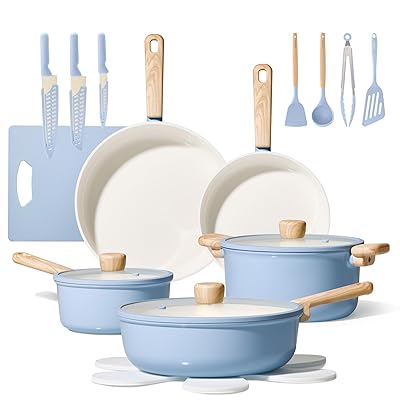 CAROTE 24pcs Ceramic Cookware Set, Pots and Pans Non Stick Kitchen Cookware Sets, Pots and Pans Set Cooking Set with Knife Set