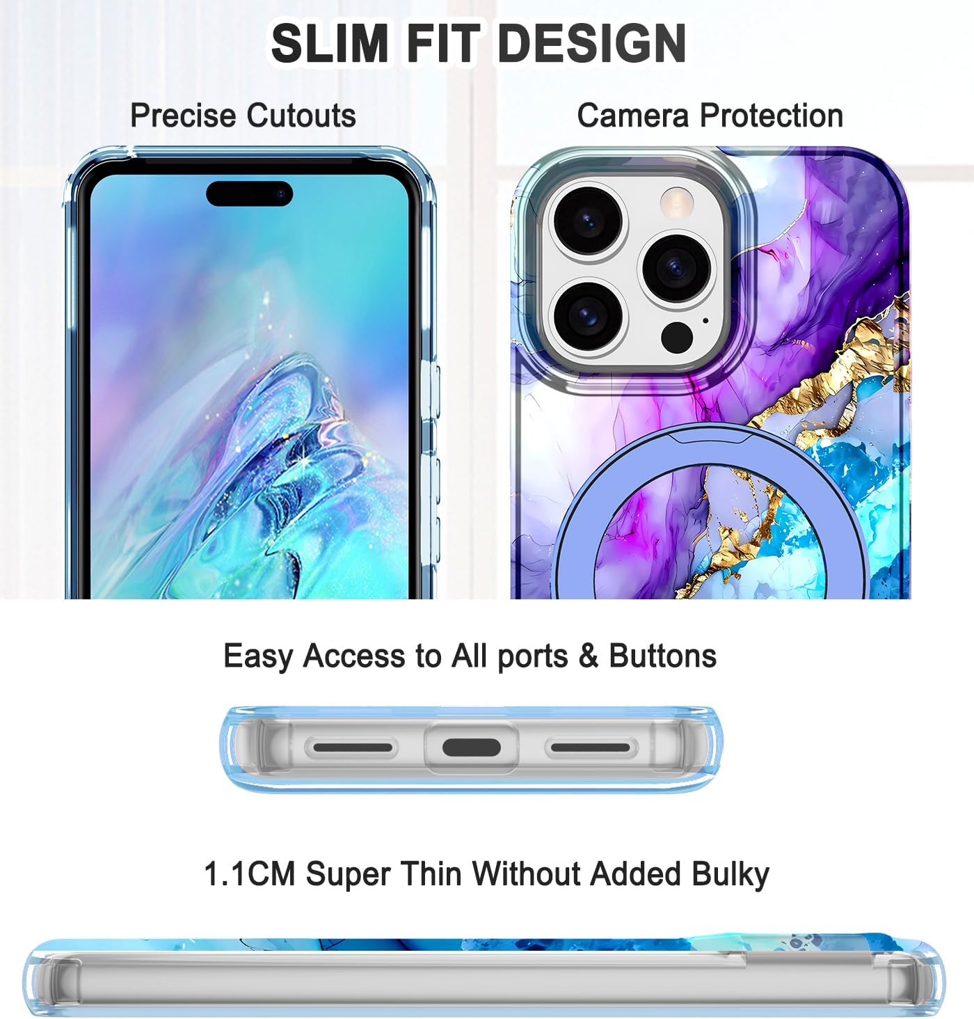 Lamcase for iPhone 15 Pro Max Case with Magnetic Invisible Ring Stand [Compatible with MagSafe], Full Body Rugged Slim Women Men Girl Shockproof Marble Pattern Design Case, Purple/Blue - Image 3