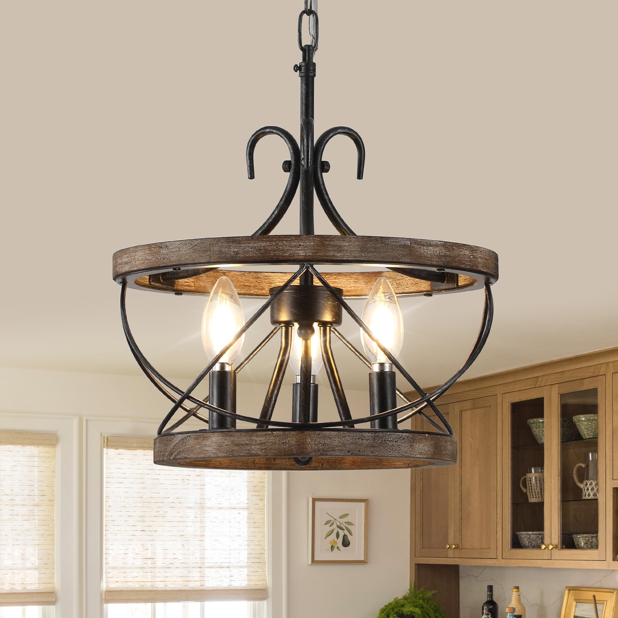 12 Inch Farmhouse Chandelier Light Fixture 3-Light French Country Rustic Chandeliers Drum Hanging Pendant Lighting Over Table for