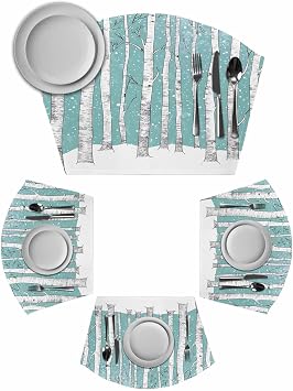 Aqua Tree Trunk Round Table Placemats Set of 6 Wedge Placemats, Farmhouse Forest Snow Watercolor Place Mats for Dining Table Set Washable Mats Kitchen Decor for Indoor Outdoor Wipe Clean