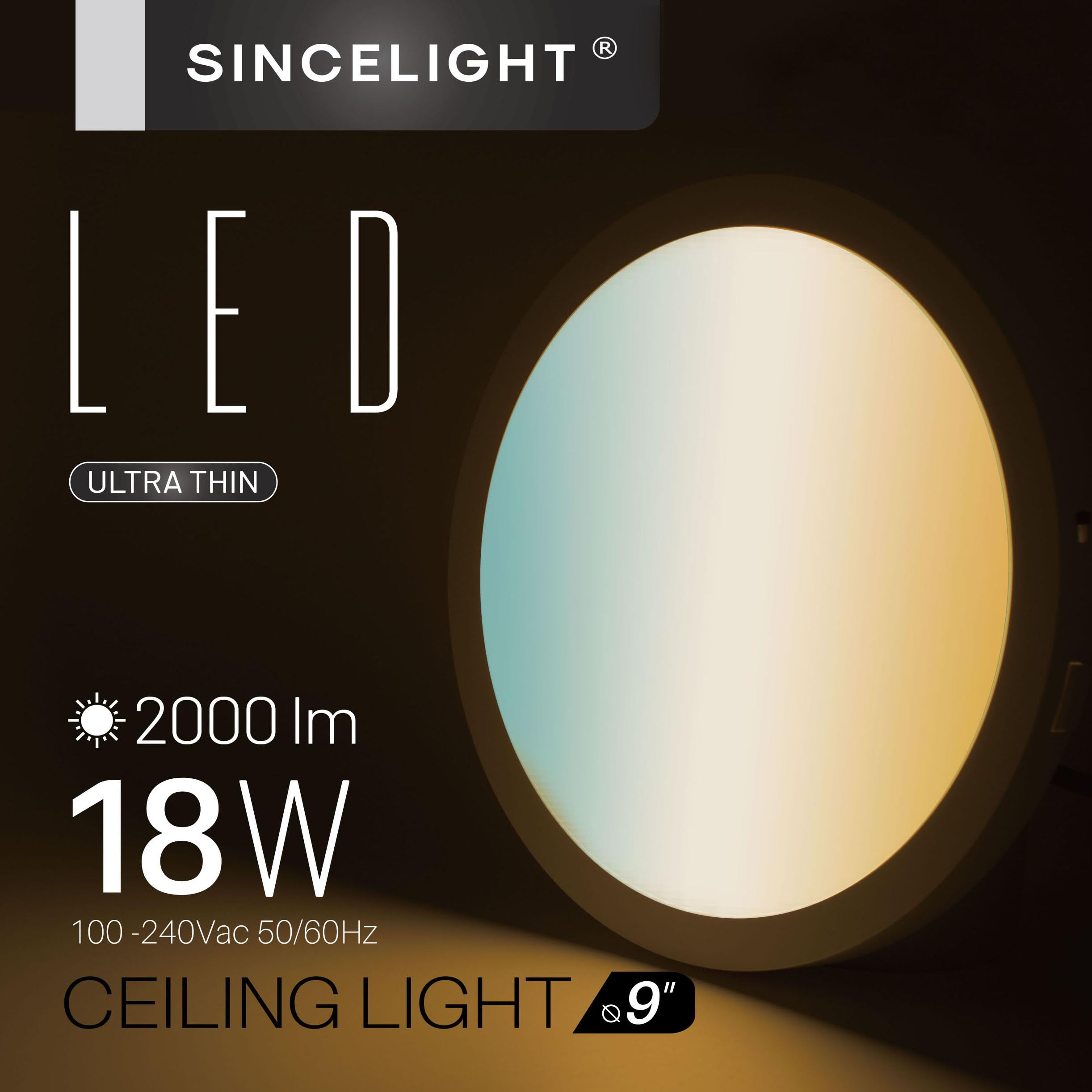 SINCELIGHT Ultra-Thin LED Ceiling Lights 18W, Φ230mm, Compact Profile, Recessed or Surface Mount, 2000lm - Image 2