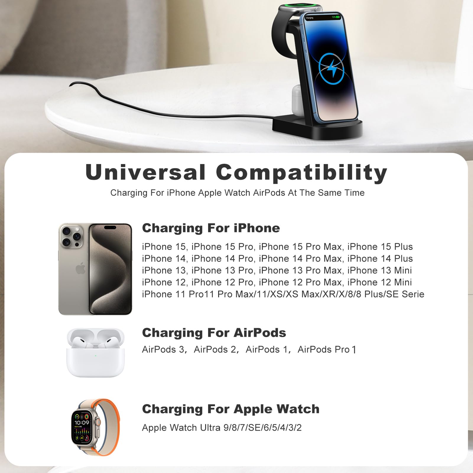 Caricatore Wireless,INNISTO 3 In 1 Caricabatterie Wireless Induttiva Compatibile Con iphone 14 13 12 11 Pro Max/Xs/Xr/X, iwatch Ultra 8 7 6 5 4 3 2 SE, Airpods Pro/3/2/1 Con 18W Adattatore