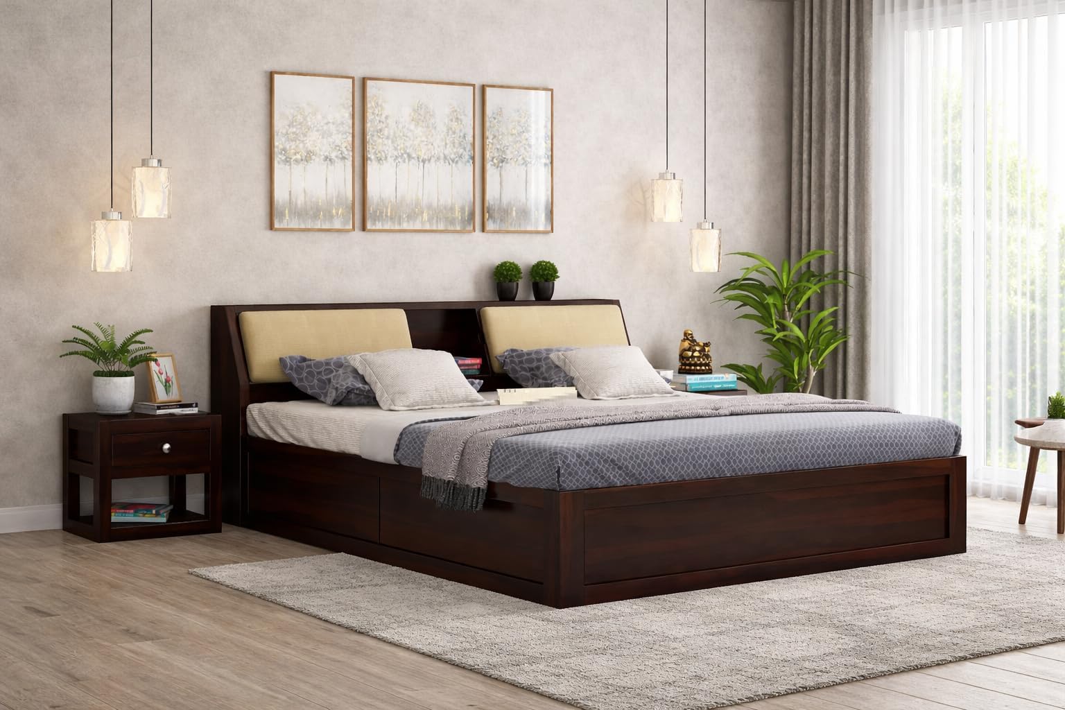 - Solid Wood Wooden Bed with Storage | Modern Double Bed with Drawer Storage & Cushioned Headboard | Strong & Durable Bed Frame for Bedroom Home & Hotel (Walnut Finish, Queen)