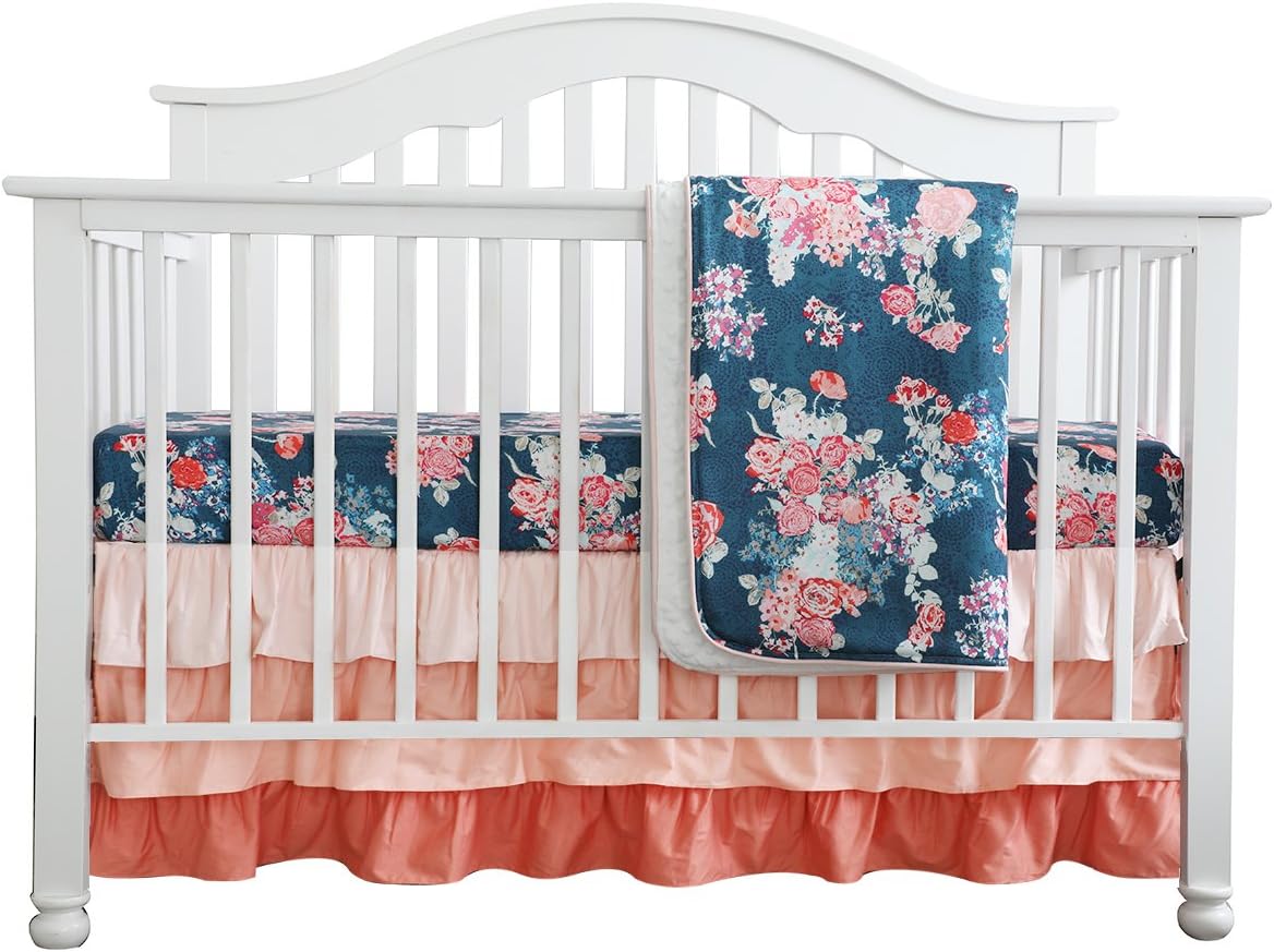 Coral Navy Floral Baby Crib Bedding Set Minky Blanket Peach Navy Floral Girl Crib Set Floral Ruffled Crib Skirt -3 pcs Set