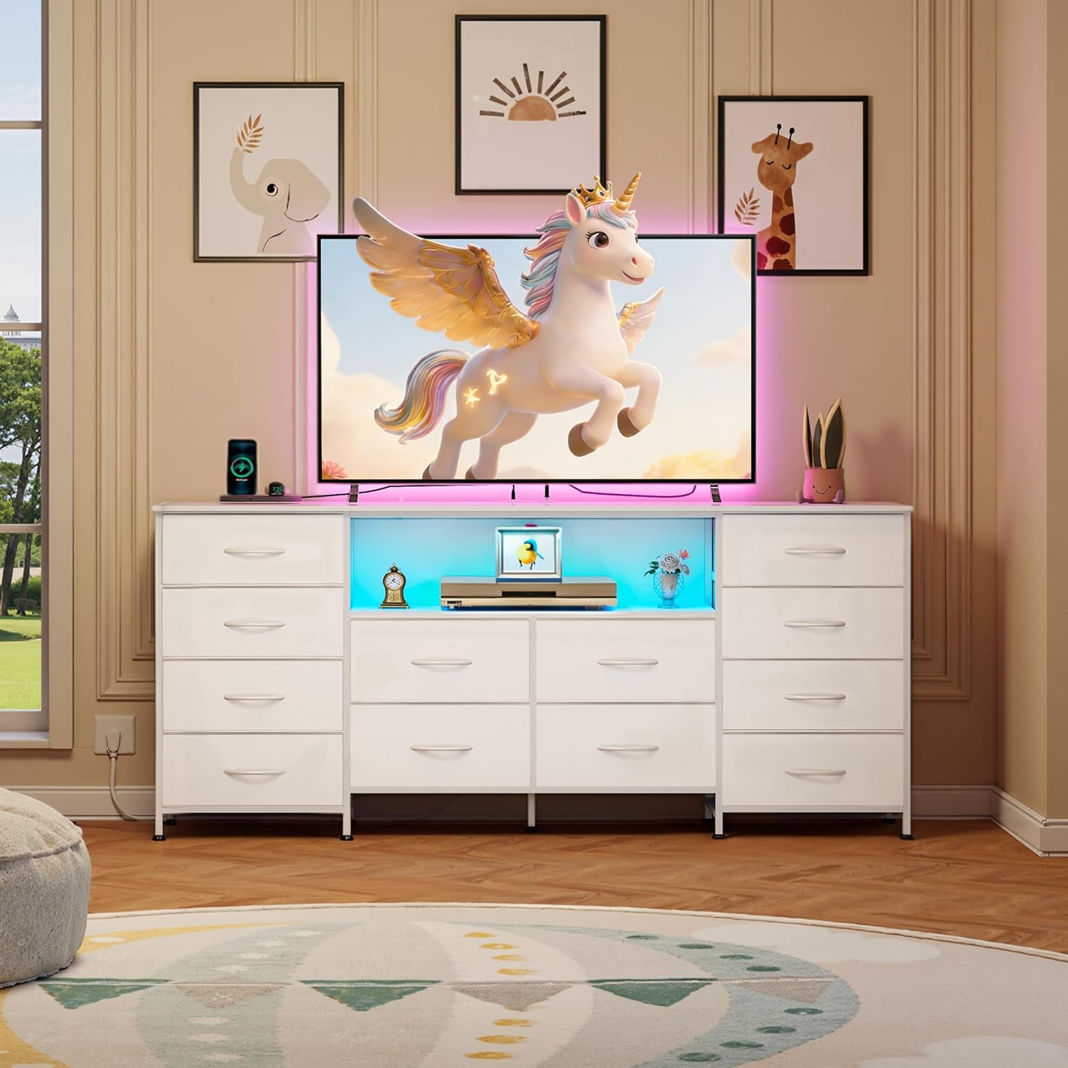 White TV Stand for 65, 70, 75 inch TV, Entertainment Center with LED Lights & Charging Station, TV Media Console Table with 12 Fabric Drawers and Open Shelves for Living Room, Hallway