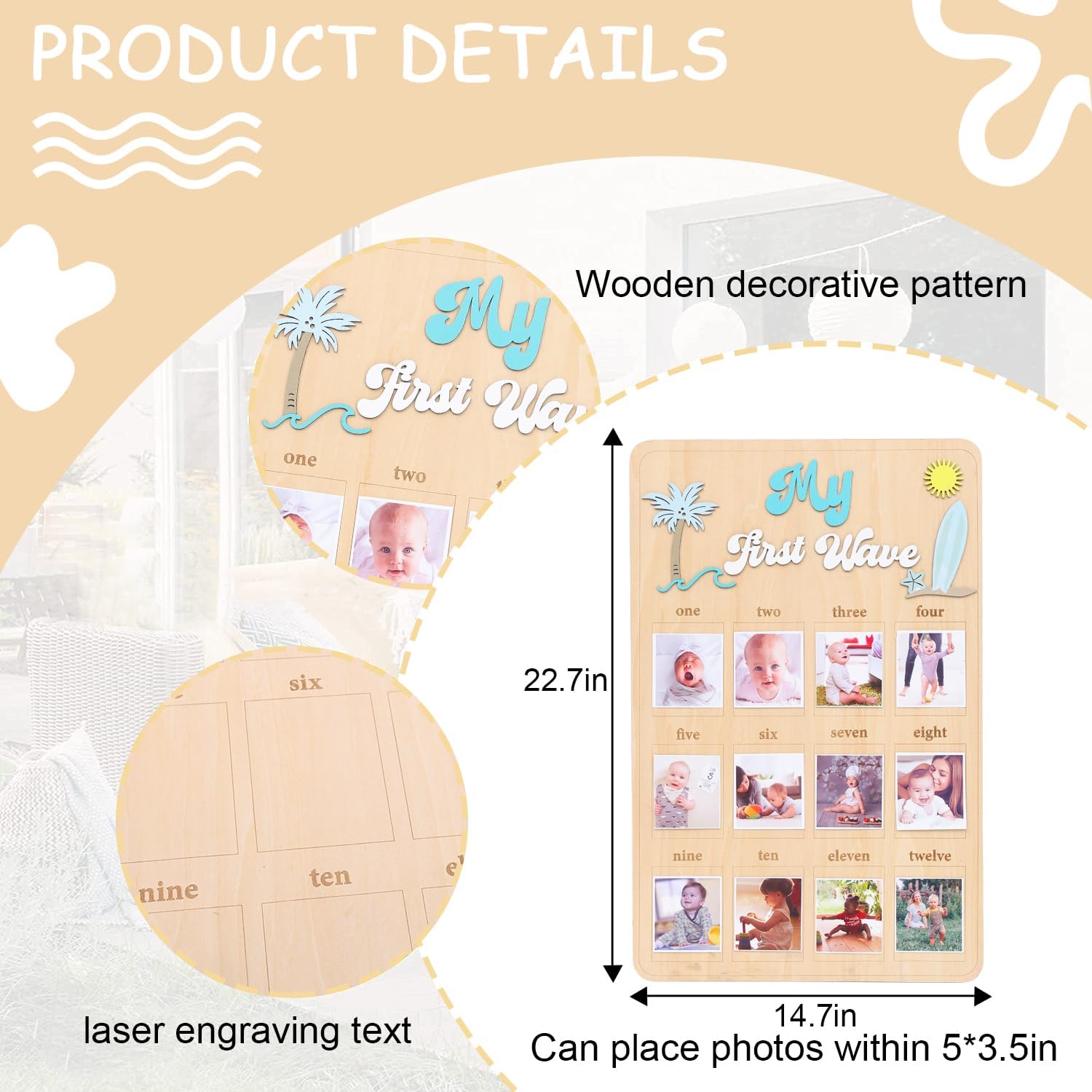 My First Year One Year of Photo Board - The Big One Surf First Birthday Decoration,One Year of Photo Surf Board,Beach Themed First Monthly Milestone Photo Board Birthday Photo Sign