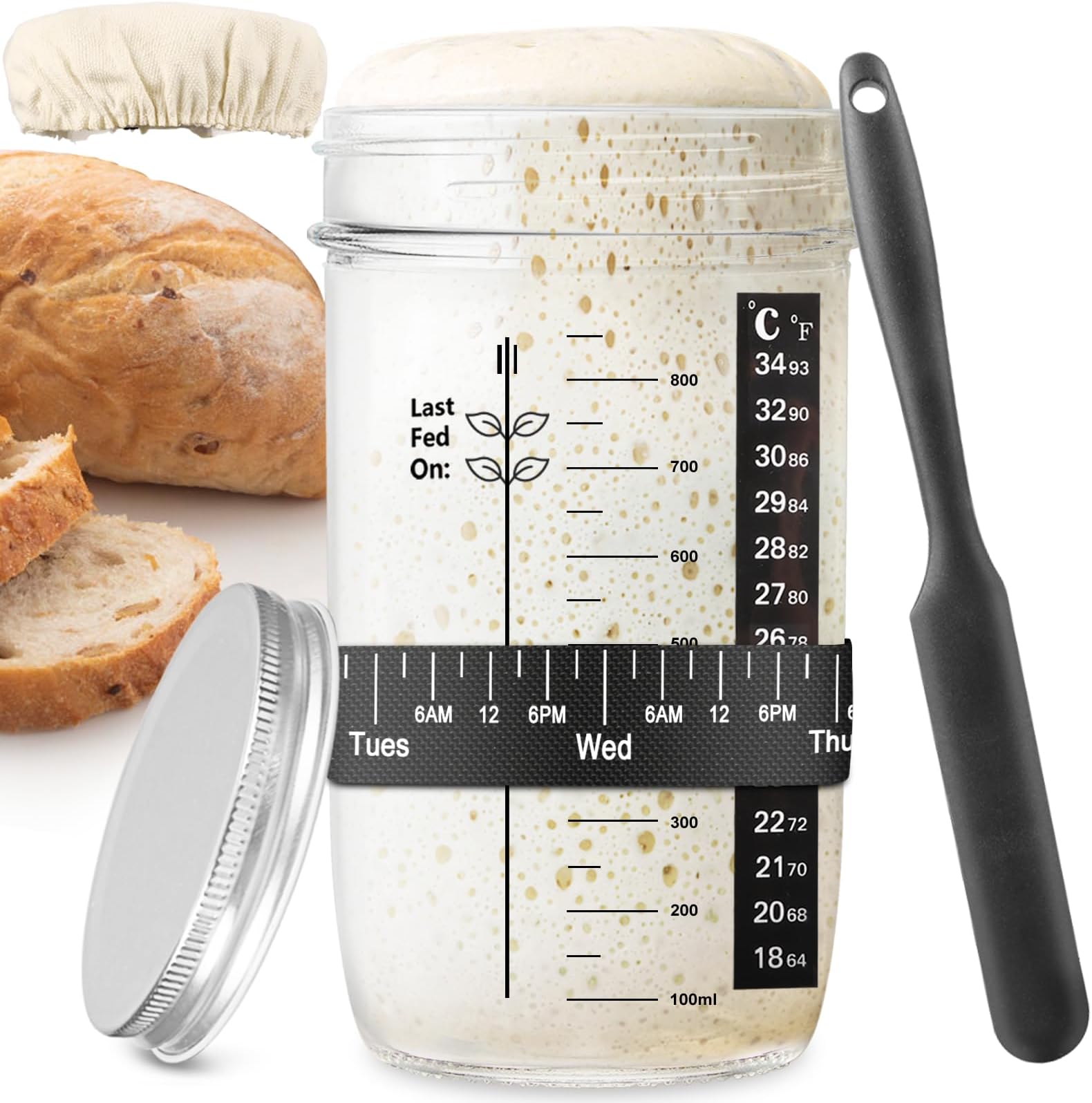 zunmial Sourdough Starter Jar 710ml, Glass Sourdough Starter Kit with Date Feeding Band, Thermometer, Cloth Cover & Metal Lid, Reusable Sourdough Bread Baking Supplies, Home Baking Supplies (1pcs)