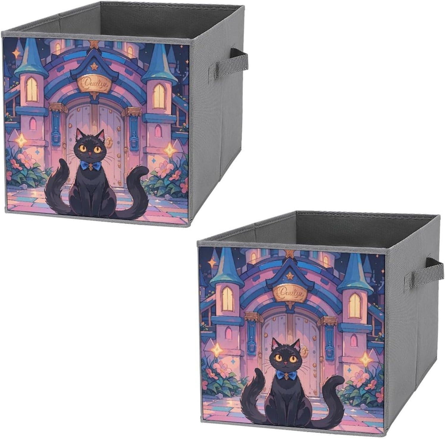 Cat And Magic Castle Gate Foldable Storage Box with Handles, Durable Oxford Storage Cubes, 2PCS Collapsible Closet Organizer for Home, Shelf, Office, Travel