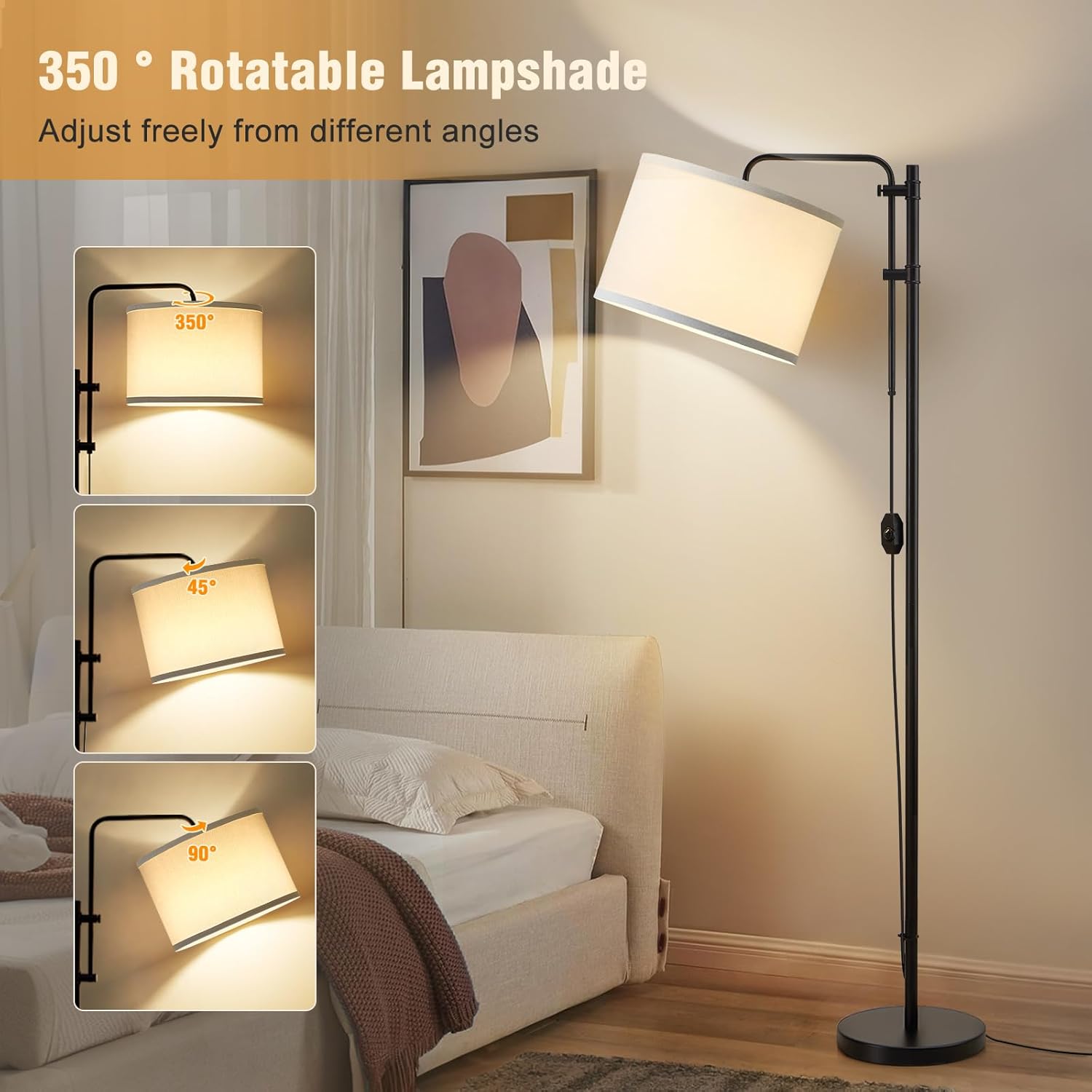 GyroVu Floor Lamp for Living Room, Adjustable Height Standing Lamps with 350° Rotate White Lampshade, 67.5-Inch Modern Tall Lamp Dimmable Floor Lamps for Corner Bedroom Home Office (Bulb Included)