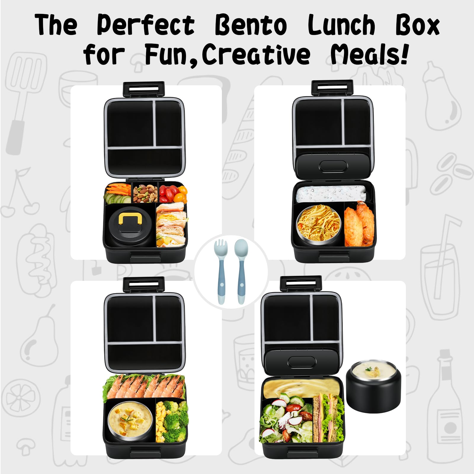 JXXM Lonchera Bento para niños con sopa térmica de 8 onzas, recipientes de almuerzo a prueba de fugas con 5 compartimentos, tarro térmico de alimentos y bolsa de almuerzo, contenedores de alimentos