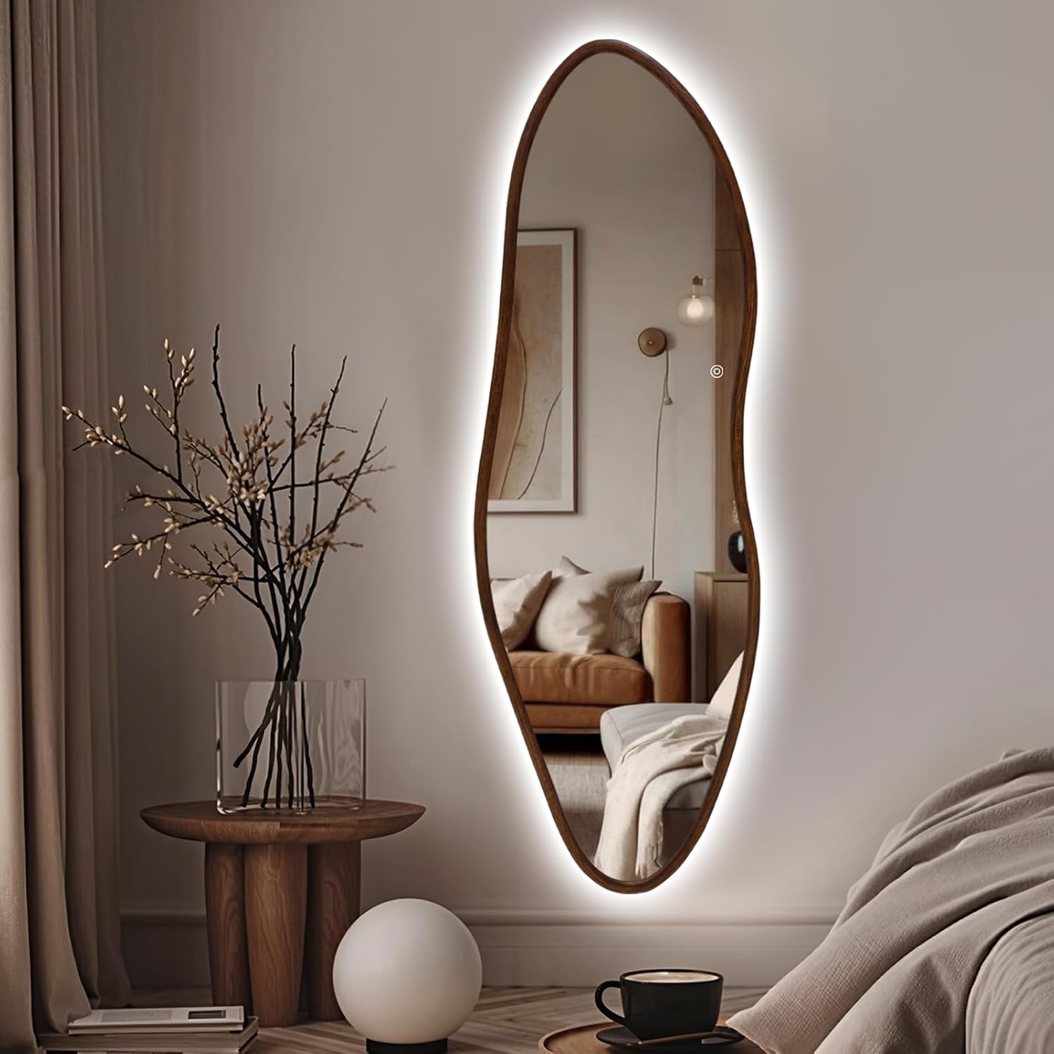 Niccy Irregular Full Length Mirror with LED Lights, 65"x22" Wooden Frame Full Body Mirrors, Wall Mounted Asymmetrical Vanity Mirror for Bedroom Living Room, Vertical/Horizontal