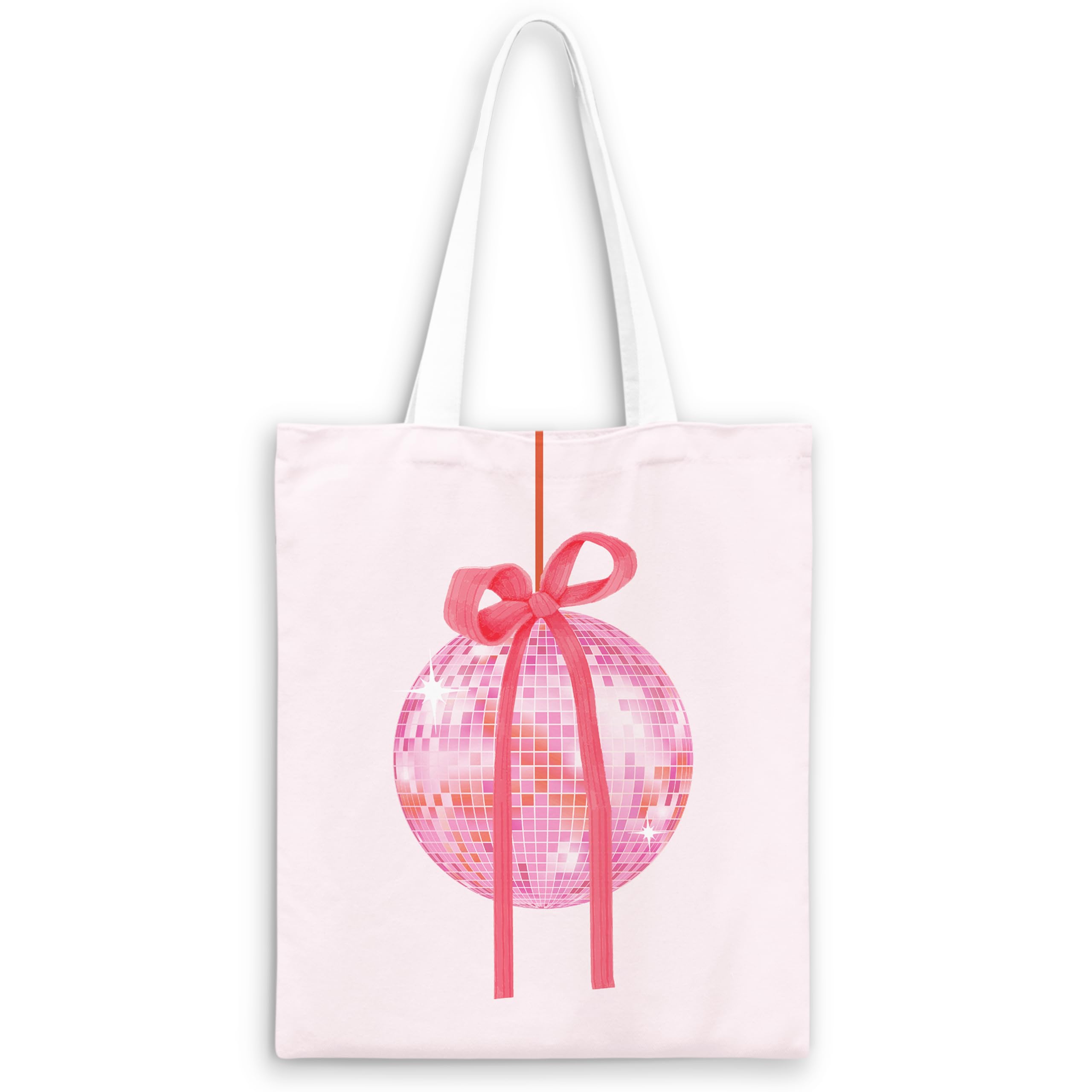 JWVK Pink Trendy Coquette Bow Cherry Disco Ball Tote Bag,Preppy Trendy Gifts for Women,Reusable Grocery Shopping Bags