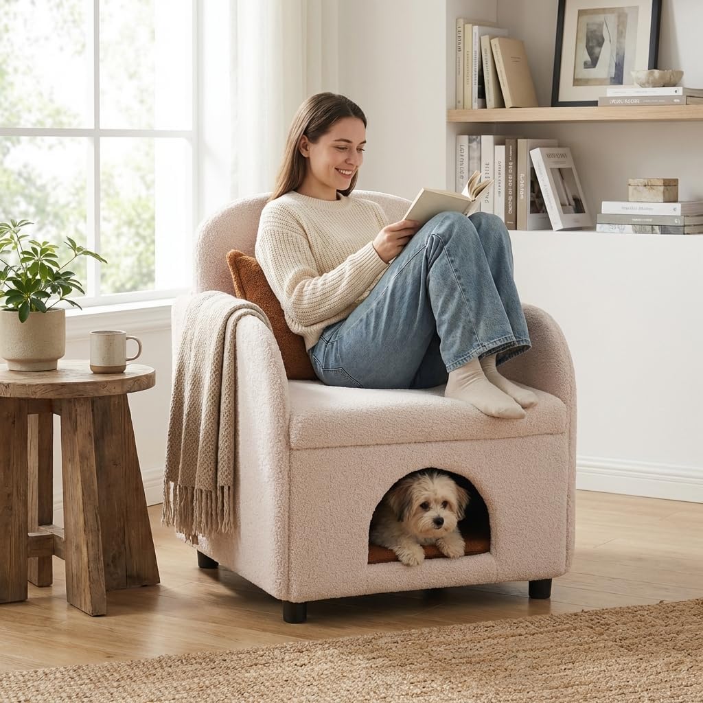 Furniture Style 2 in 1 Pet Friendly Fluffy pet Sofa Fabric Sherpa Dog Sofa Bed Upholstered Leisure Armchair, Plush Seating Chair with Lumbar Pillow for Living Room Bedroom Dog Sofa