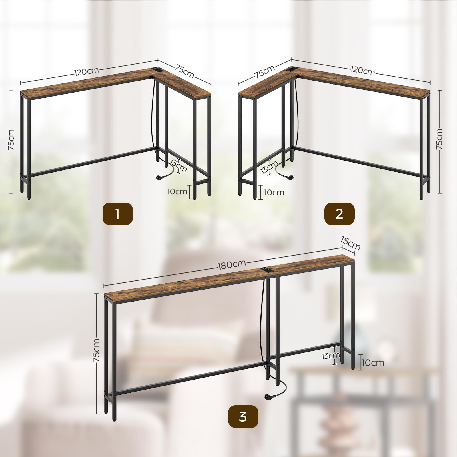 YATINEY Tavolo da Ingresso, Tavolo Console Largo 15 cm con 1 Presa e 2 Porte USB, Consolle Ingresso, per Dietro il Divano, Soggiorno, 3 Modalità di Combinazione, Marrone Vintage e Nero XCT07CBR