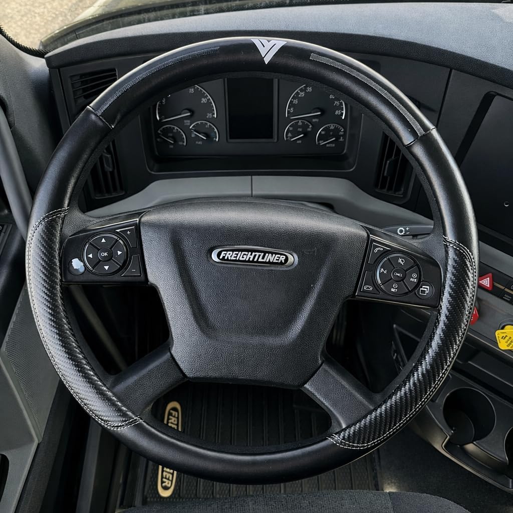 18-Inch Genuine Leather Steering Wheel Cover for Semi Trucks – Black with Grey Stripes, Universal Fit Heavy-Duty Non-Slip Grip, Comfortable Control, Easy Installation