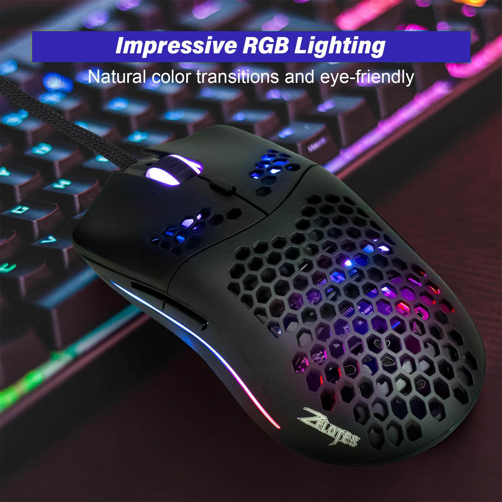C7 - Ratón para juegos con cable, diseño de panal, sensor ajustable de 16000 DPI, 7 botones programables, RGB dinámico, ratones ultraligeros para juegos para PC y portátil