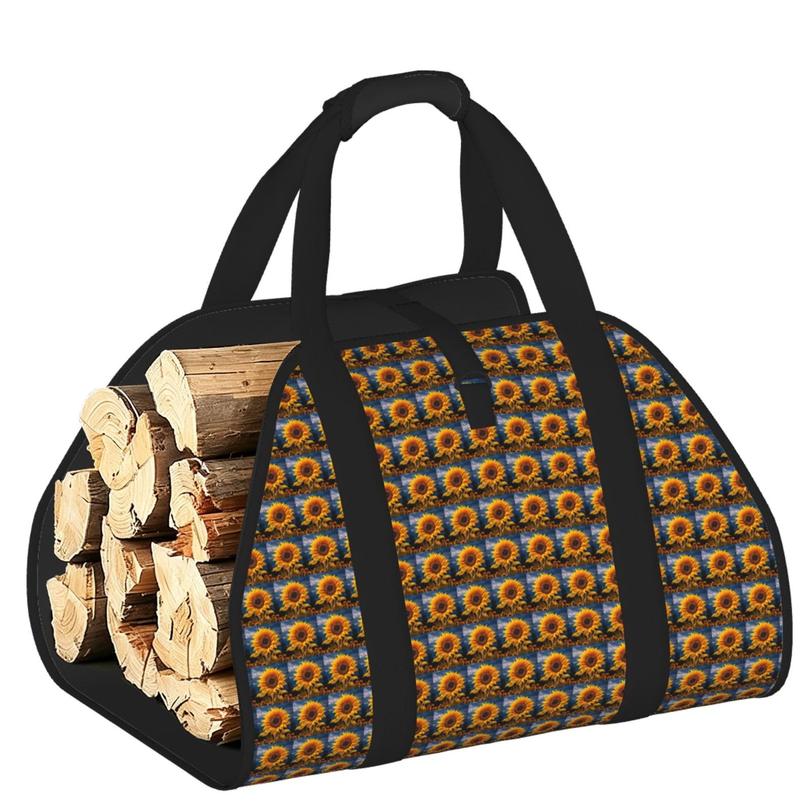 Ayyqwe Black Beautiful Sunflower 2 Print Firewood Bag Wood Waterproof Versatile Camping Picnic Storage Daily Home