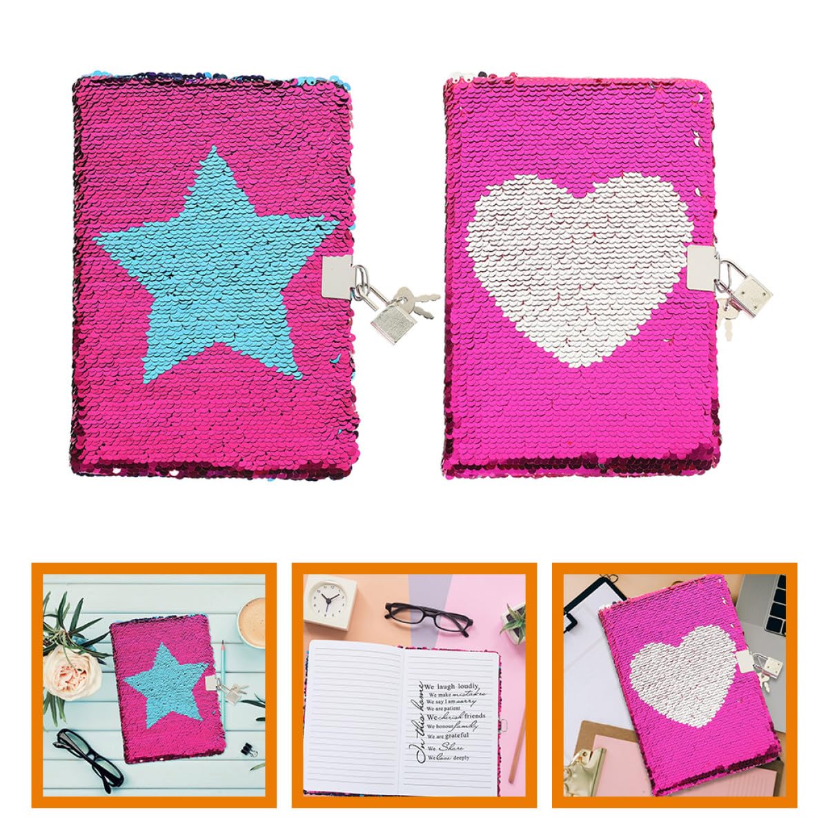 CIYODO 2pcs Sequin Lockable Notebook Planner Set with Decorative Heart and Star Patterns, Small Diary Notebooks for Daily Writing and Office Use