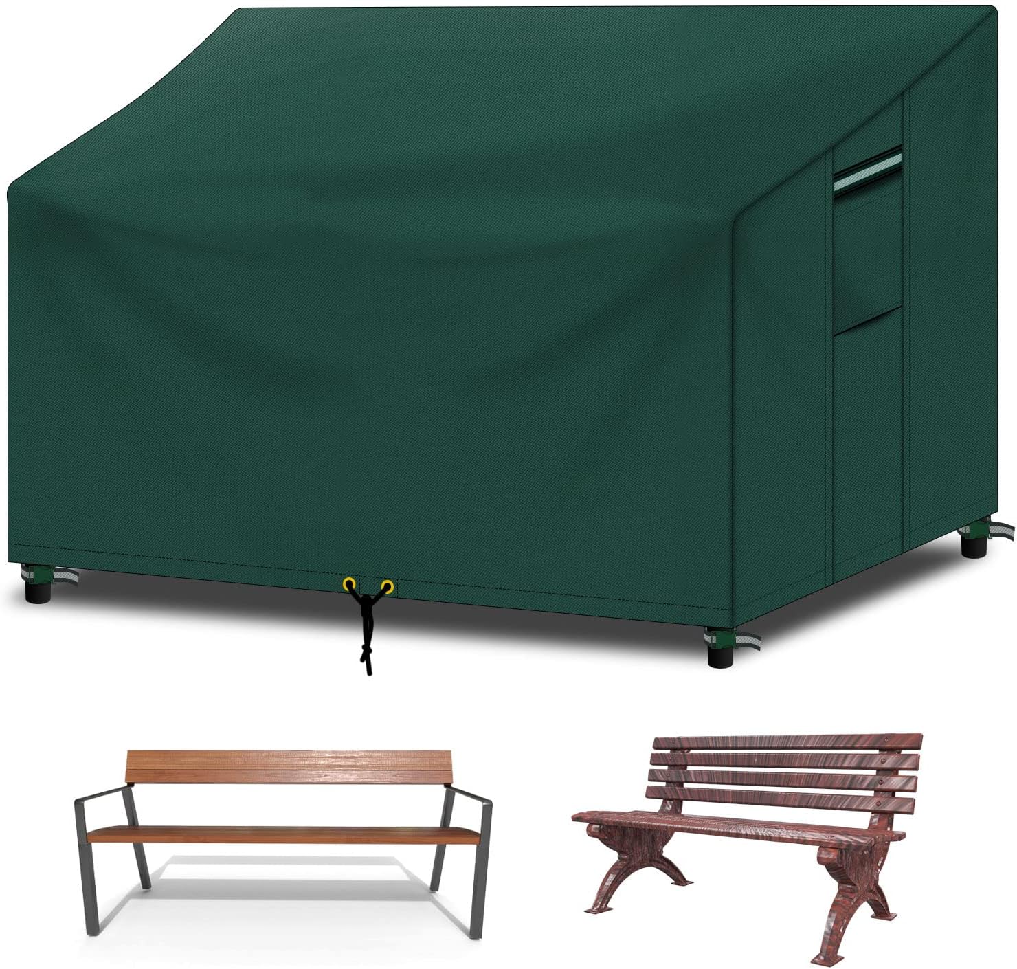 RICHIE Bench Covers Waterproof 2 Seater with Air vent, Windproof Anti-UV Tear-proof Heavy-duty 600D Oxford Fabric and PVC Lining, 2 seater Outdoor Bench Cover Sofa Cover (134x66x63/89cm) - Green