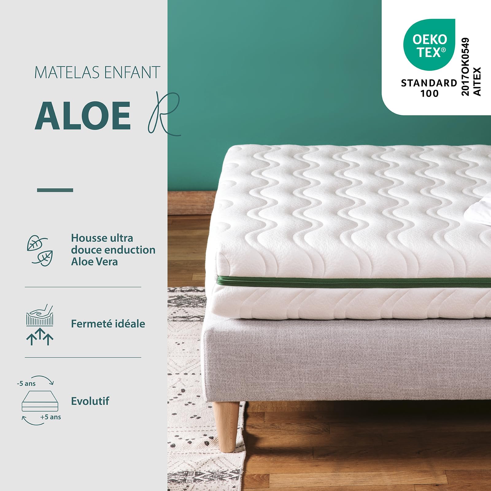 Kadolis Matelas Enfant 90x190x17 cm Aloe R – Matelas Enfant évolutif – Déhoussable – sans Traitement Chimique - Certifié Oeko-TEX®