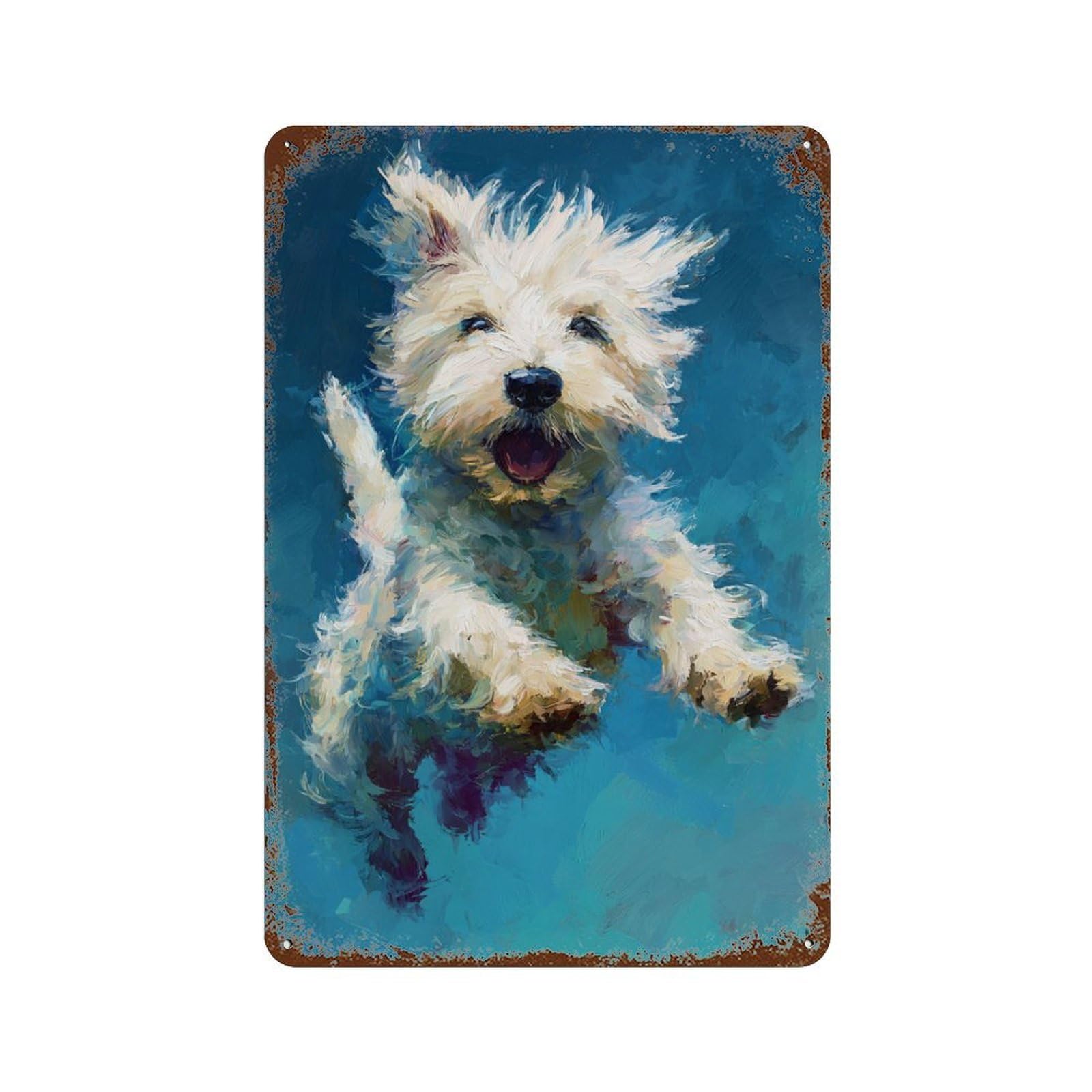 Rusty Metal Tin Sign with Happy Westie Painting Design 11.8"x7.9", for Farmhouse, Kitchen And Entryway Decor, Classic Wall Plaque