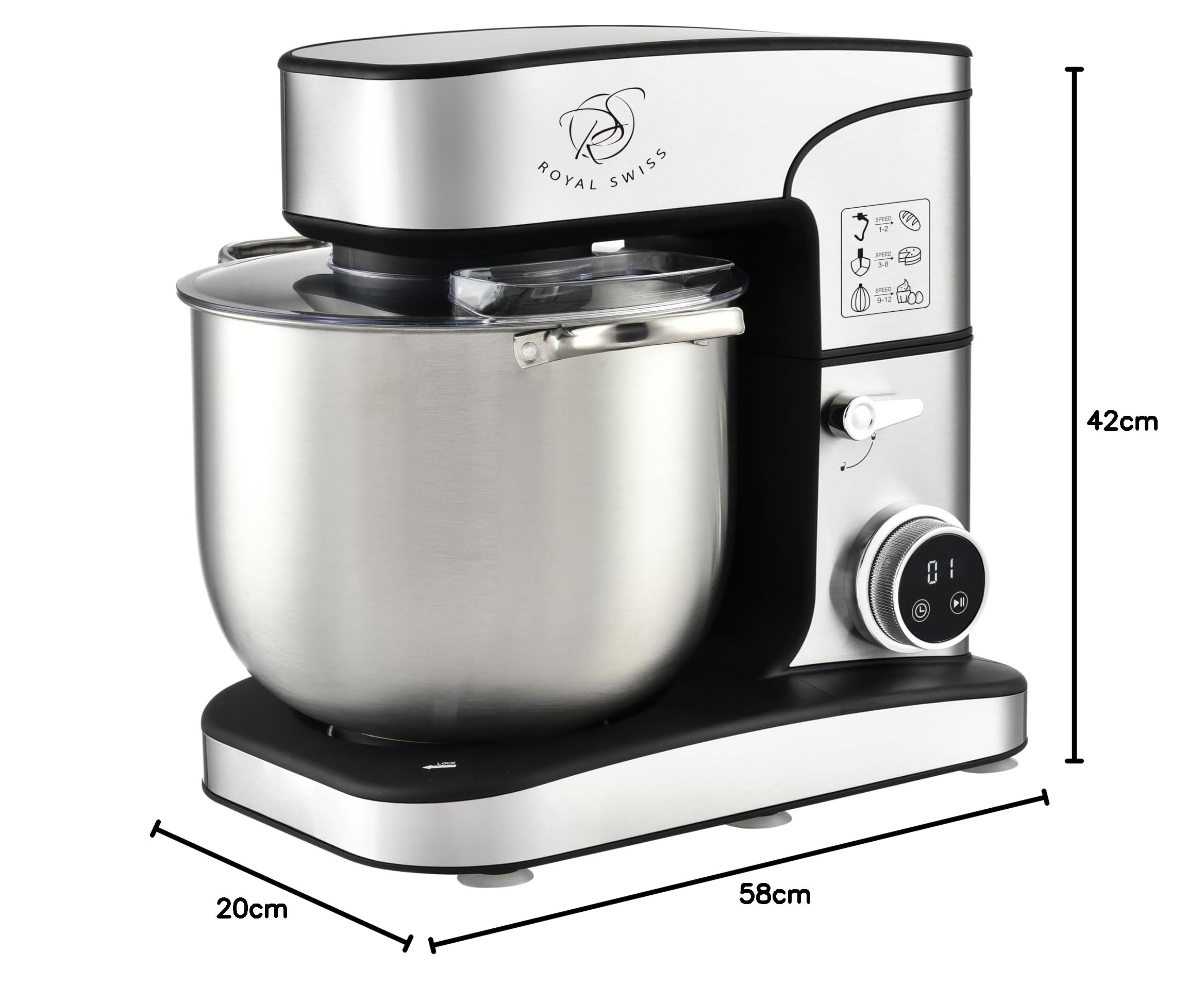 Royal Swiss ® Robot Pâtissier Professionnel 16L XXXXL 2800W, grande capacite - 12 Vitesses + Timer, Bol Inox, Ultra Puissant Pain, Pizza & Pâtisserie, patissier, Usage Intensi, Bol Inox Pâtissier