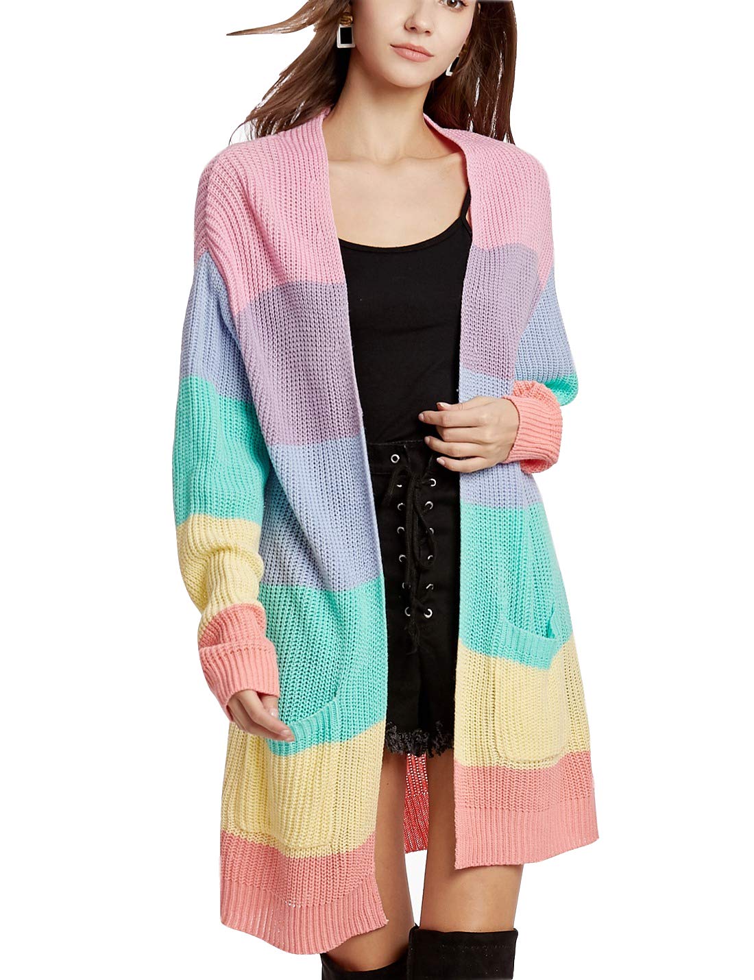 Hooever Womens Long Pastel Knitted Rainbow Striped Color Block