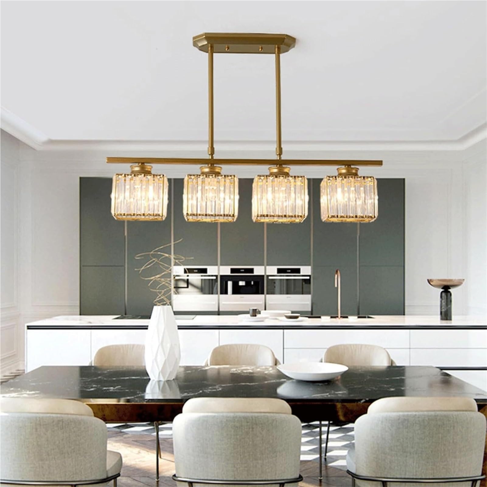 Light Luxury Gold Rectangle Crystal Pendant Lamp Chandelier Hanging Lighting Ceiling Fixture Modern Rustic For Living Room Bedroom Dining Room