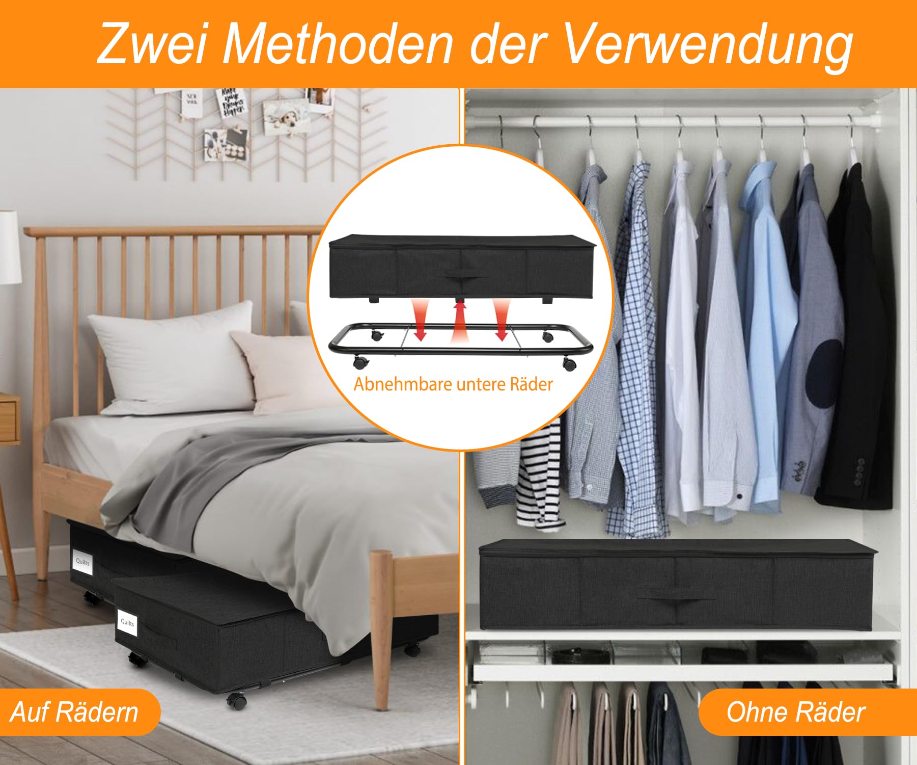 Unterbettkommode groß mit Rollen 360°Drehung, Unterbett Aufbewahrungsbox mit 3 Griffe, Aufbewahrungsbox mit deckel, Ultra dicken Bettdecken Aufbewahrung, bettkasten mit Rollen Schwarz(2 Stück)