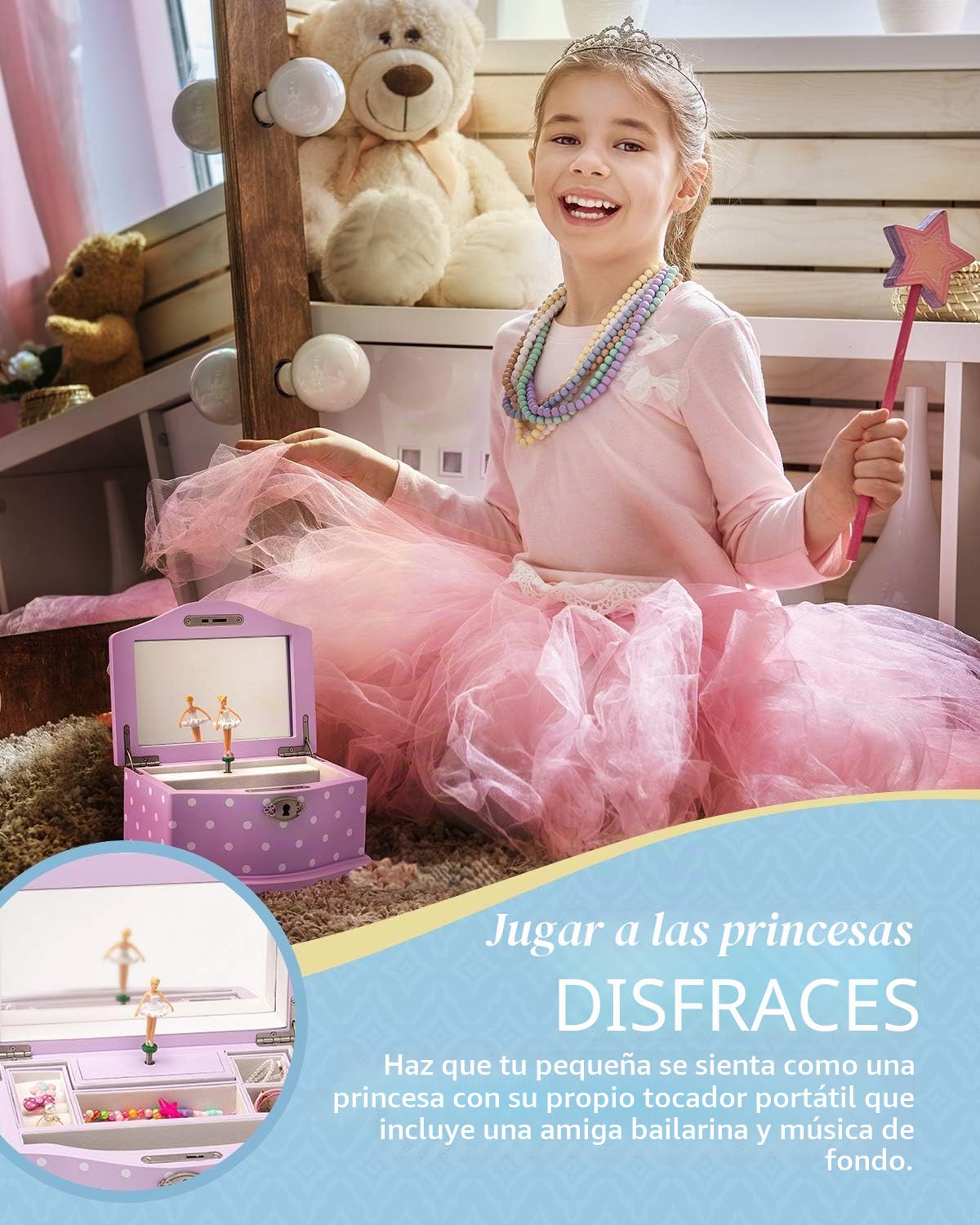 Elle - Joyero musical de bailarina con cerradura, caja de recuerdos de madera con cuerda de música Swan Lake, pequeño (lavanda)