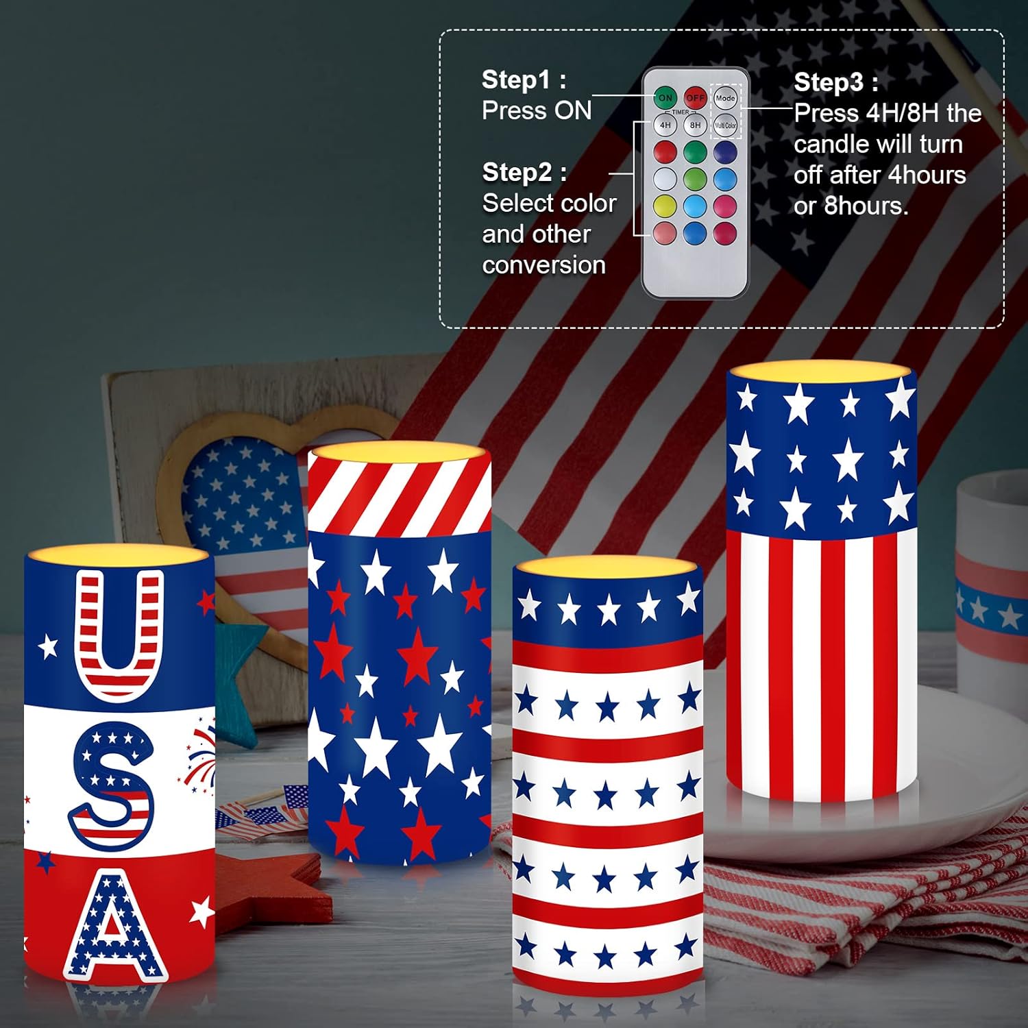 Tiamon American Flag LED Candles 4th of July Flameless Independence Day Battery Operated USA Stars Patriotic Candles with 18-Key Remote Timer Set for Holiday Festival Table Decorations