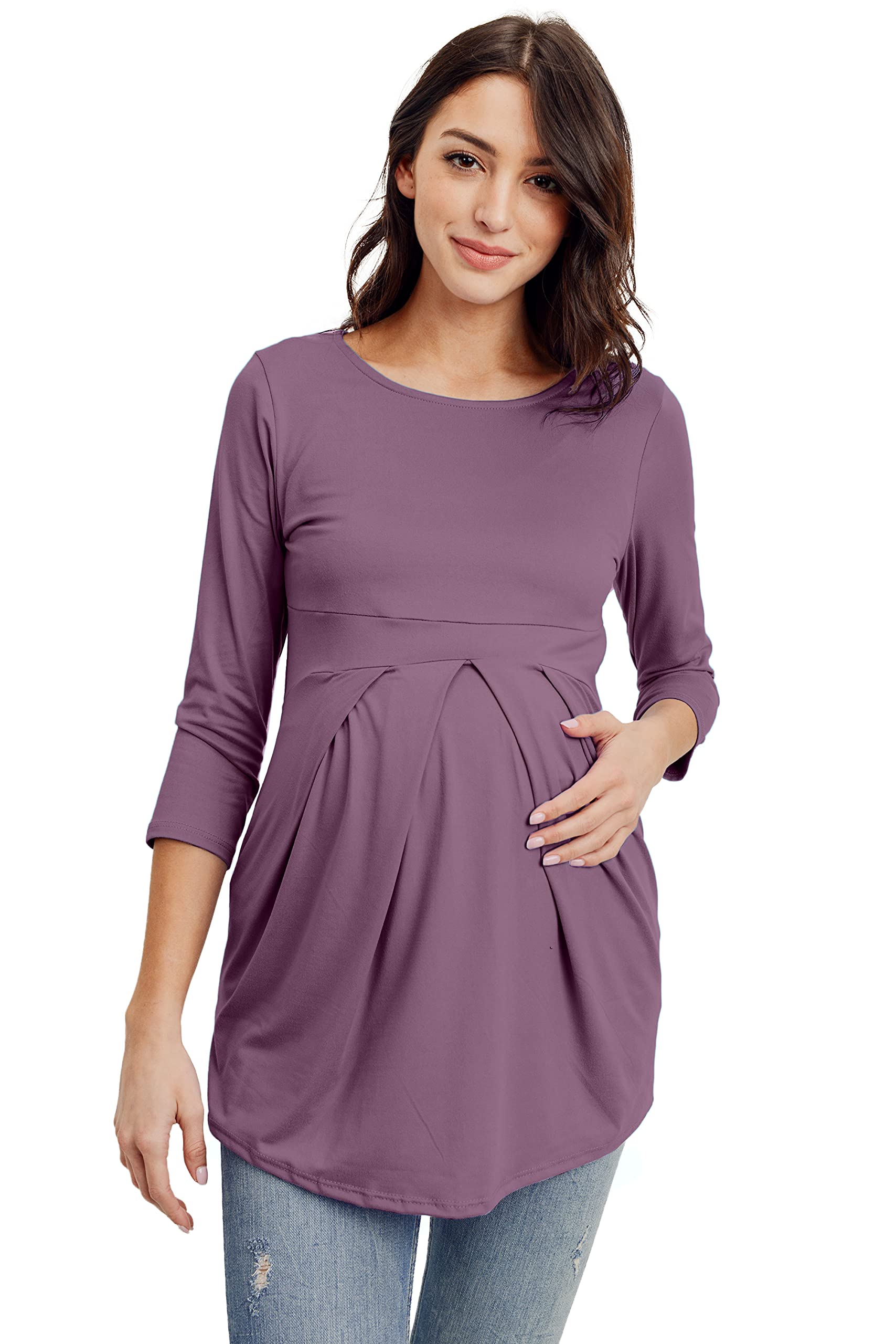 Women's Round Neck 3/4 Sleeve Front Pleat Peplum Maternity Top